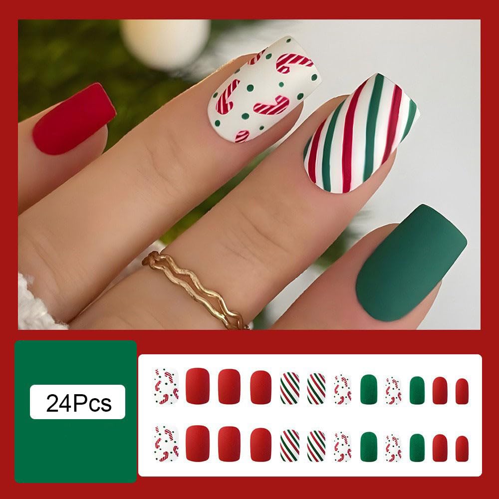 Christmas Press On Square Shape Fake Nails with Red Green Line Christmas Ribbon Candy Pattern Design Full Cover Acrylic Glue On Nails for Women