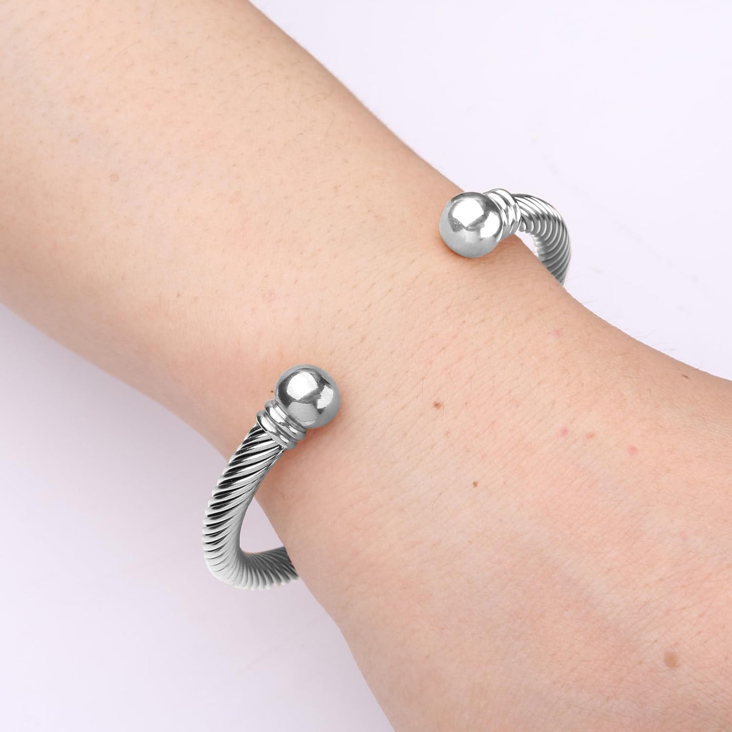 Adjustable C-Shape Open Cuff Bangle, Twisted Cable Bracelet for Men & Women, Chic Stainless Steel Unisex Jewelry Gift for Him Her, Unique Anniversary Present (Silver)