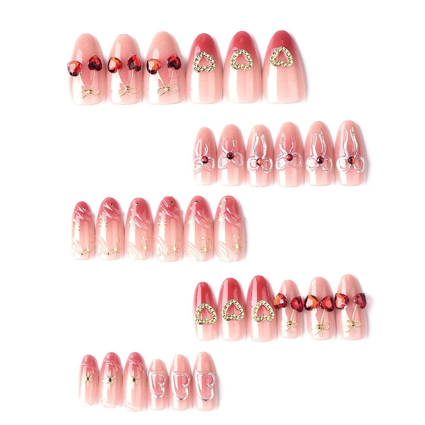 30Pcs Valentine Press on Nails Medium Almond Fake Nails Press on 3D Rhinestone Star Design Red Cherry False Nails Bow Heart Full Cover Red Smudge Acrylic Glue on Nails for Women Festive Nail Art Decor