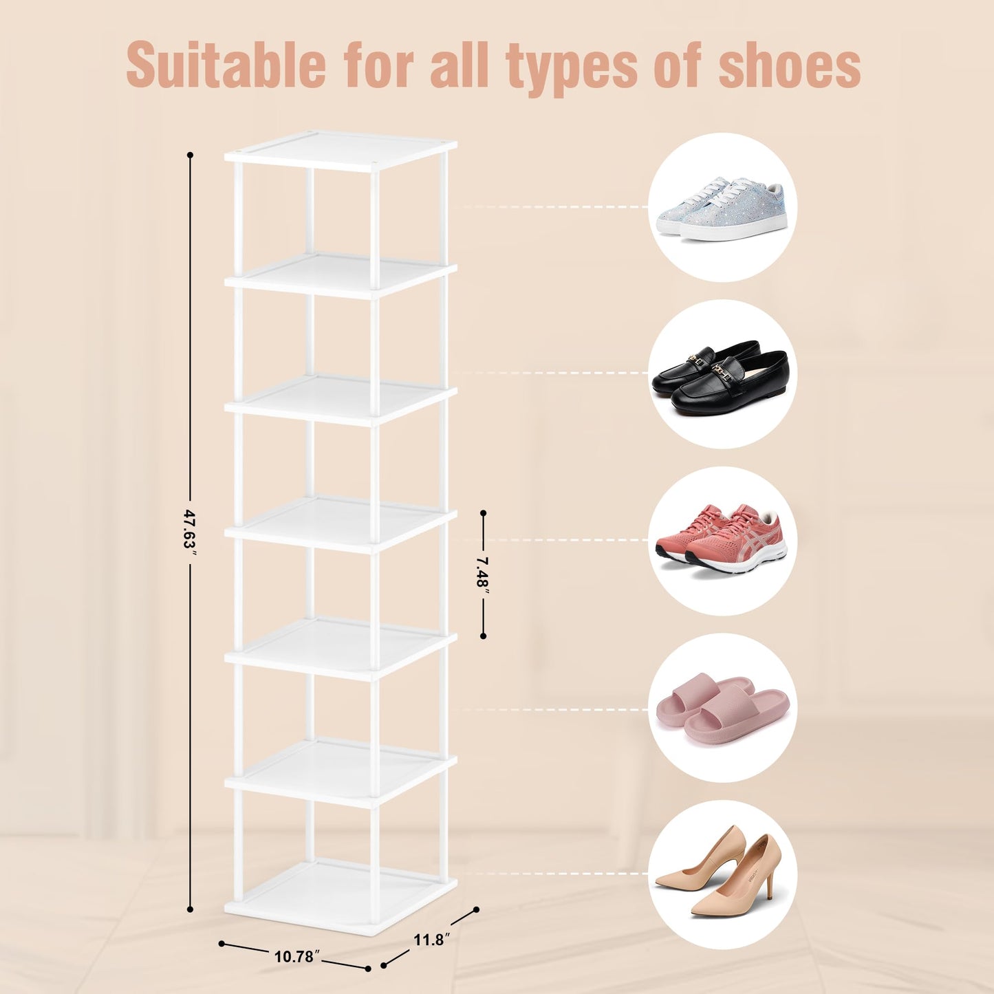Vertical Tall Shoe Rack Organizer for Entryway -7 Tier Free Standing Slim Narrow Bamboo Wood Corner Stackable Shoe Boots Storage Stand Small Spaces for Closet Garage Cloakroom Living Room (White)