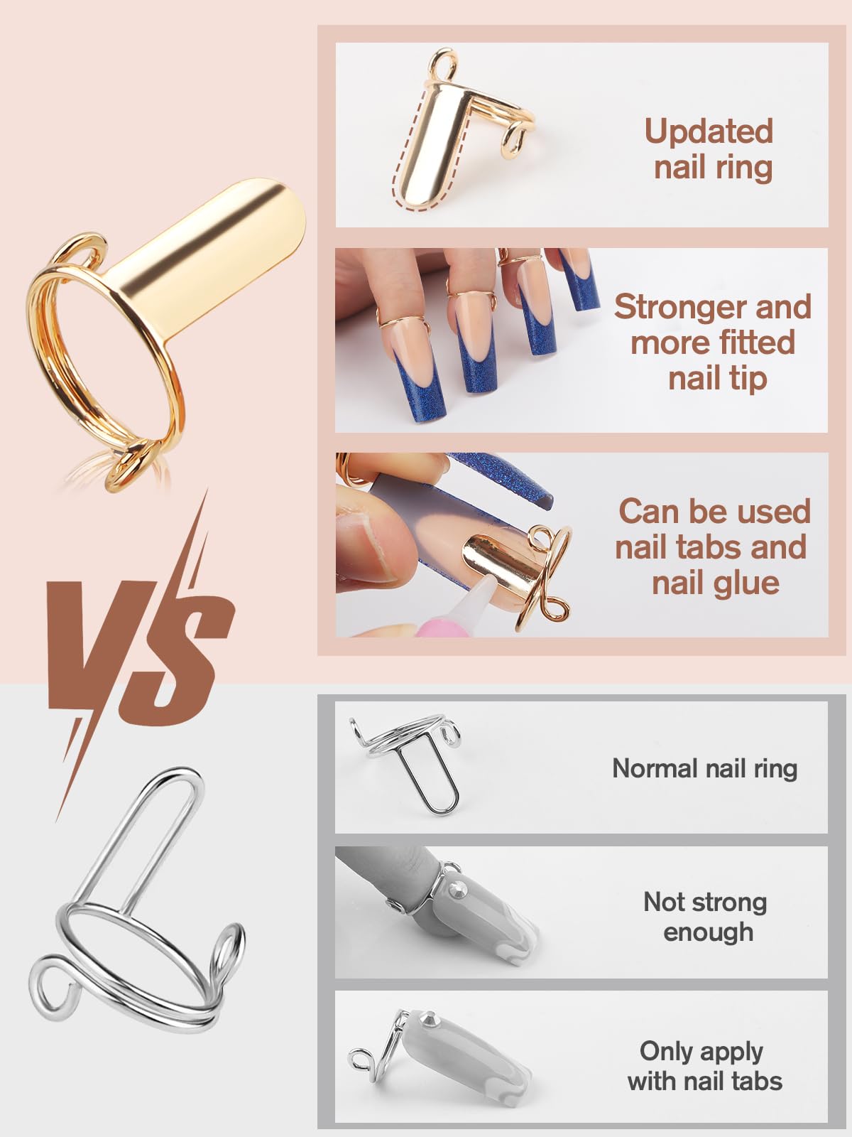 EBANKU 20PCS Wudu Nail Rings, Updated Adjustable Nail Rings Detachable Reusable Women Gift Ring Set with 120PCS Adhesive Nail Tabs for Acrylic Nail Art Decoration Gold