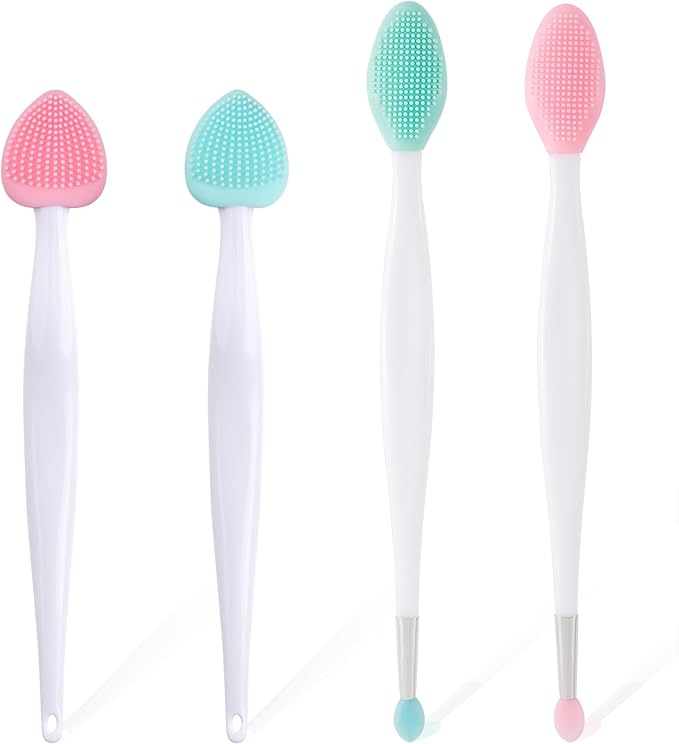 4pcs Lip Scrub Brush, Silicone Heart Lip Exfoliator Brushes Scrubber Tool, Double-Sided Oval Lip Cleaning Exfoliating Remove Dead Skin Tool for Men Women Dark Lips- Pink & Green