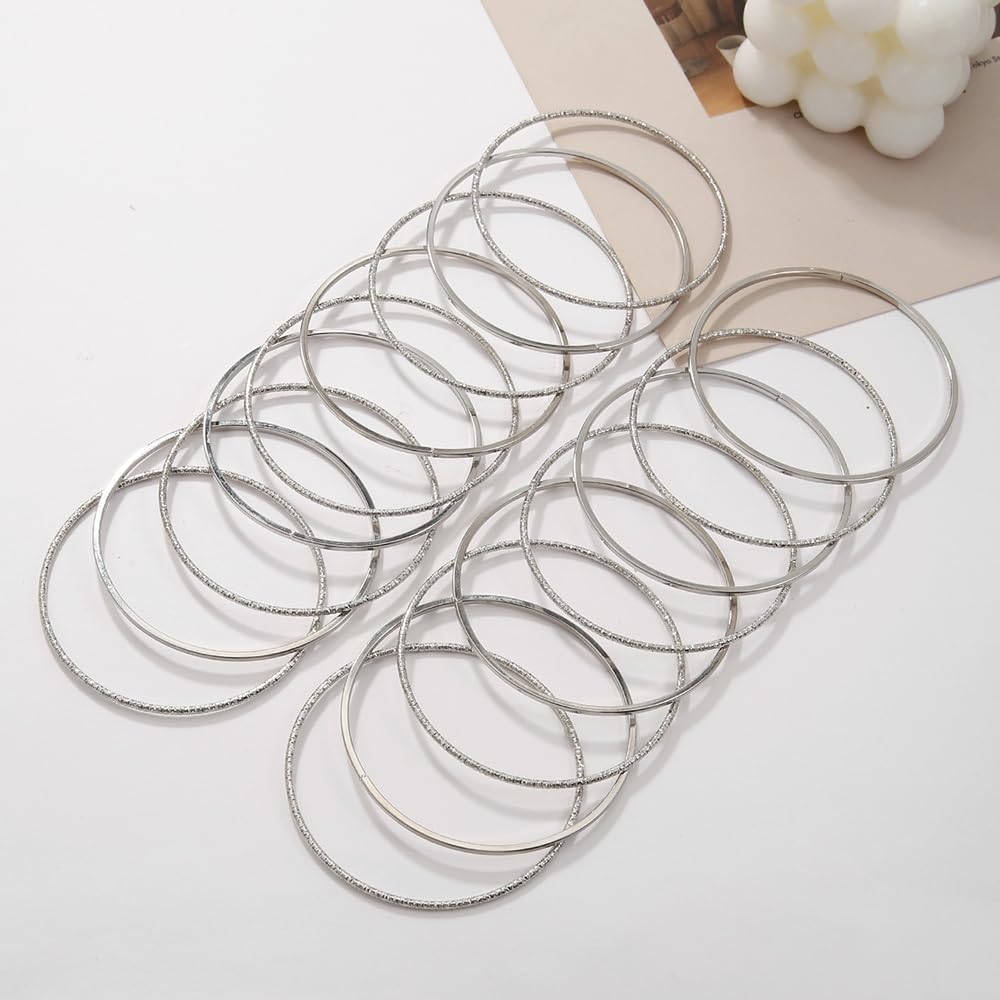 RINTOLER 17Pcs Silver Bangle Bracelets for Women - Multi Layer Stackable Textured Bracelets Boho Jewelrys Set. (P-Sets 17pc Silver)