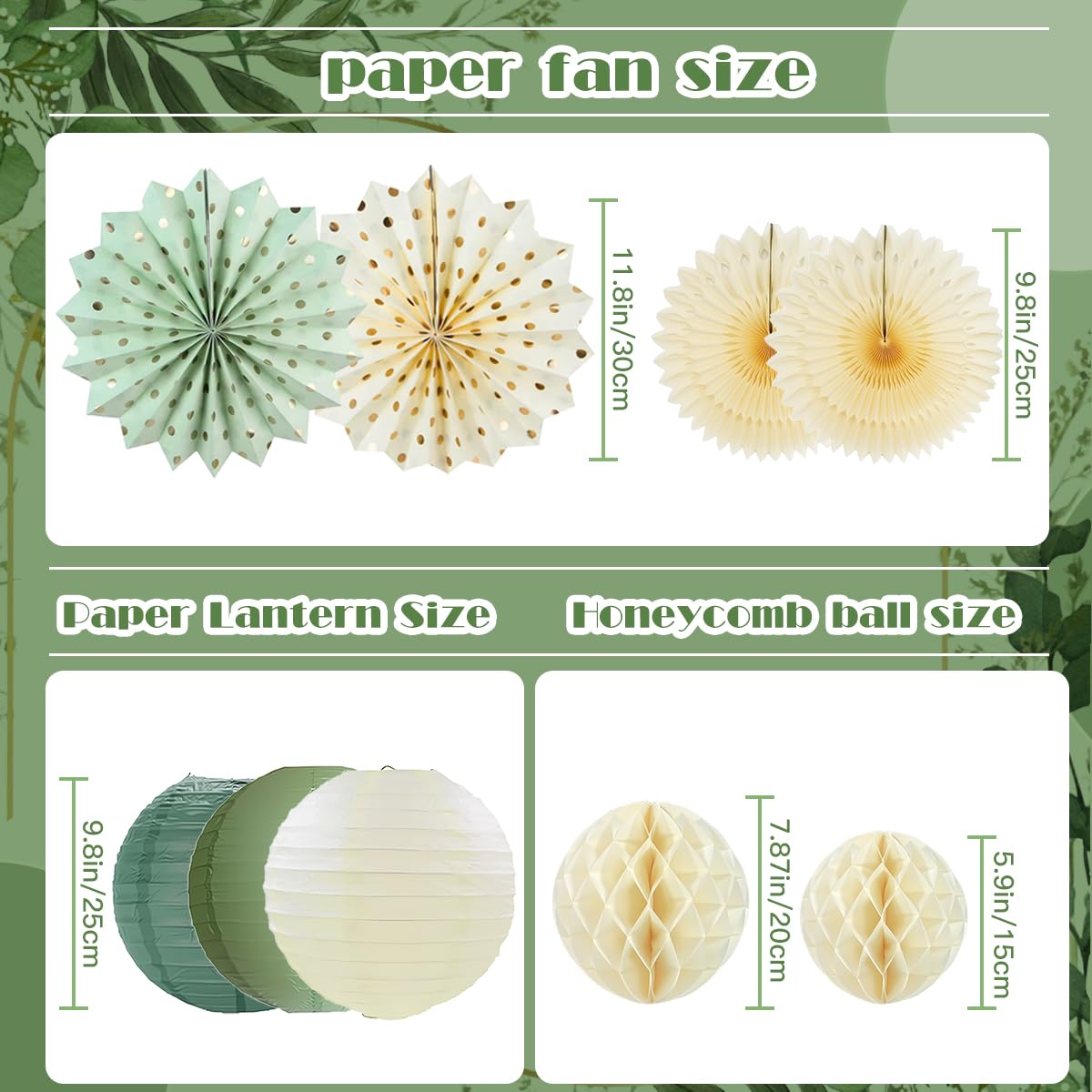 Boho Paper Decorations Set, Sage Green Party Decorations Set, Boho Neutral Baby Shower Decor, Paper Pom Poms Lanterns Honeycomb Balls Hanging Star Garland for Birthday Baby Shower Wedding Tea Party
