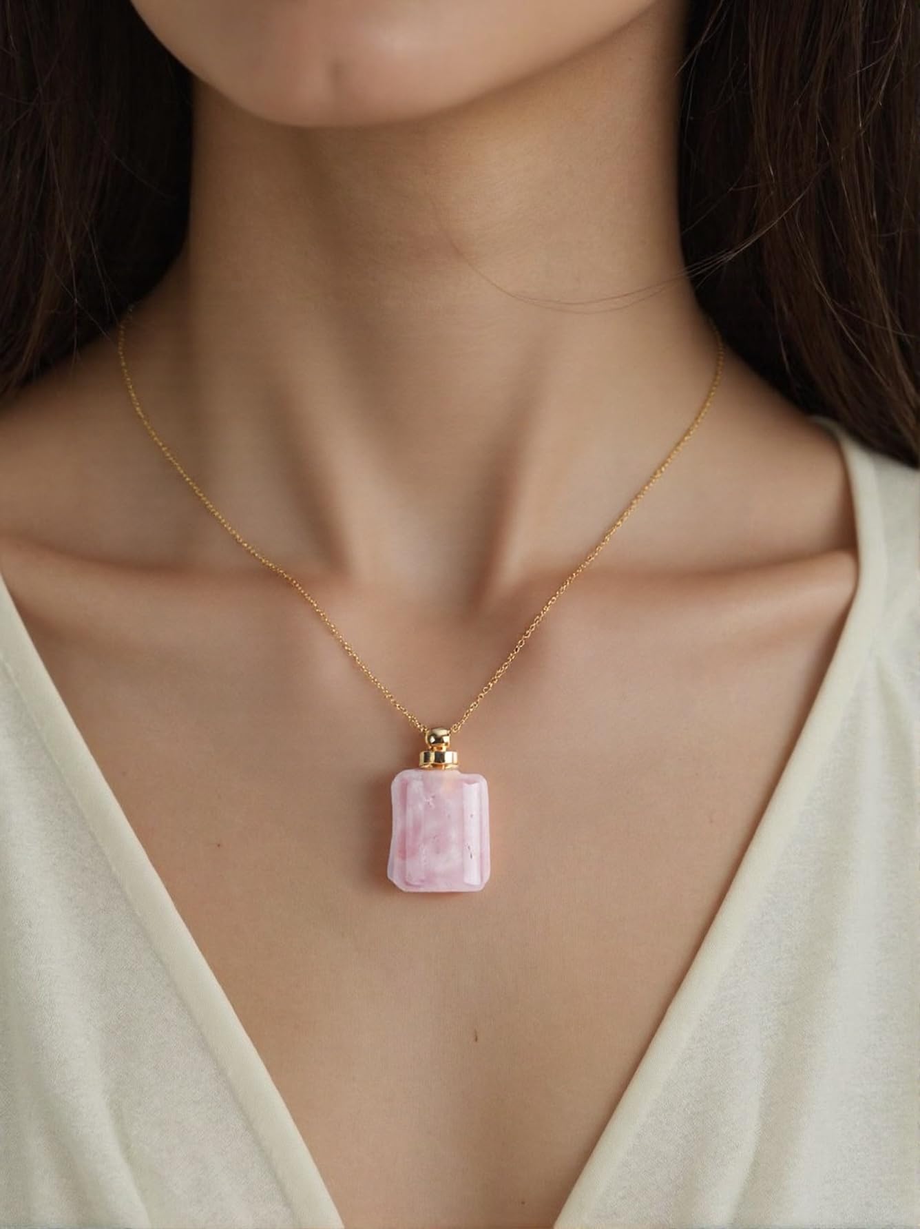YGLINE Natural Healing Stone Essential Oil Diffuser Perfume Bottle Pendant Necklace Jewelry (Rose Quartz)