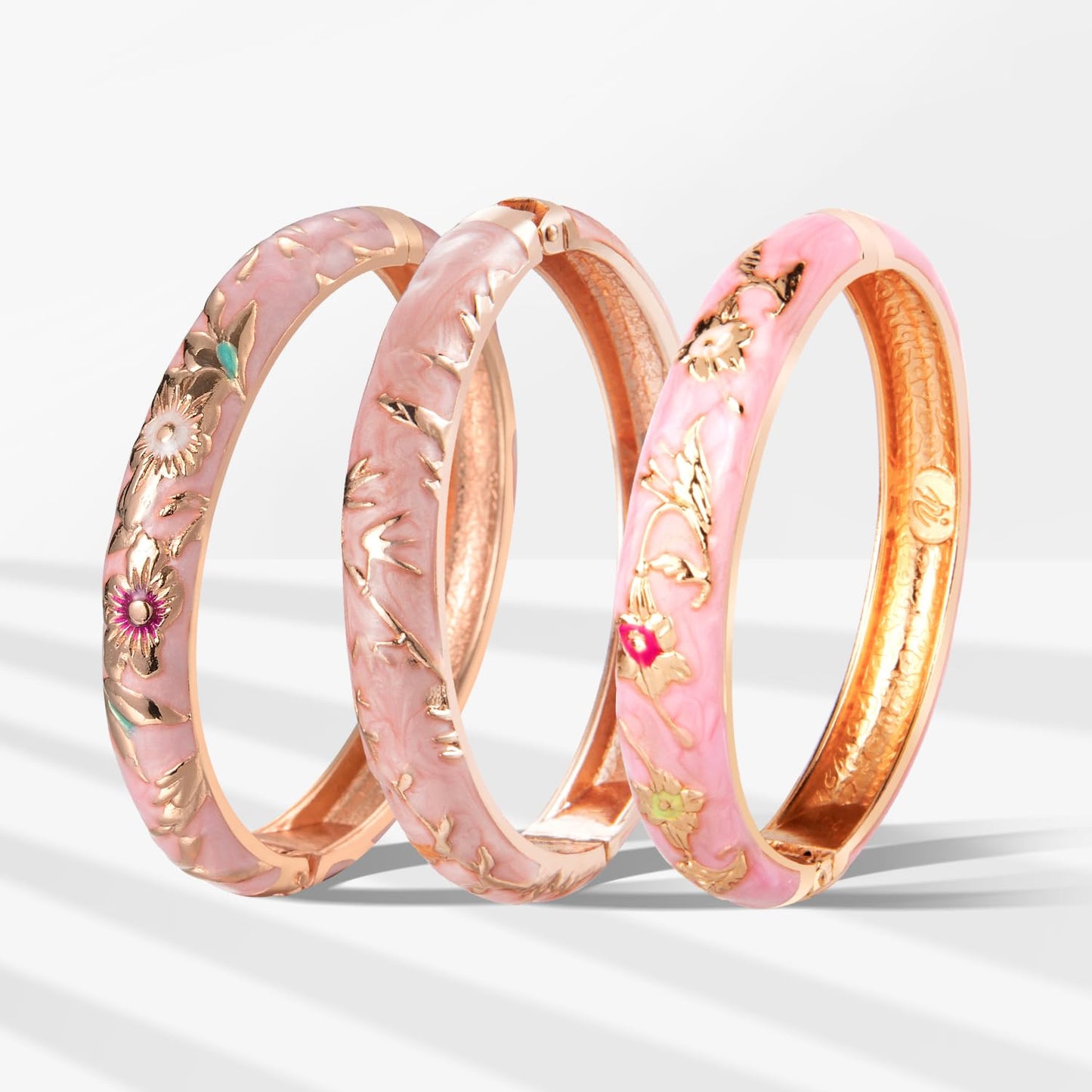 UJOY Vintage Cloisonne Bracelet Beautiful Flower Enamel Hinge Gold Plated Rose Bangles Jewelry for Women's Gifts 55A 3pcs Pink