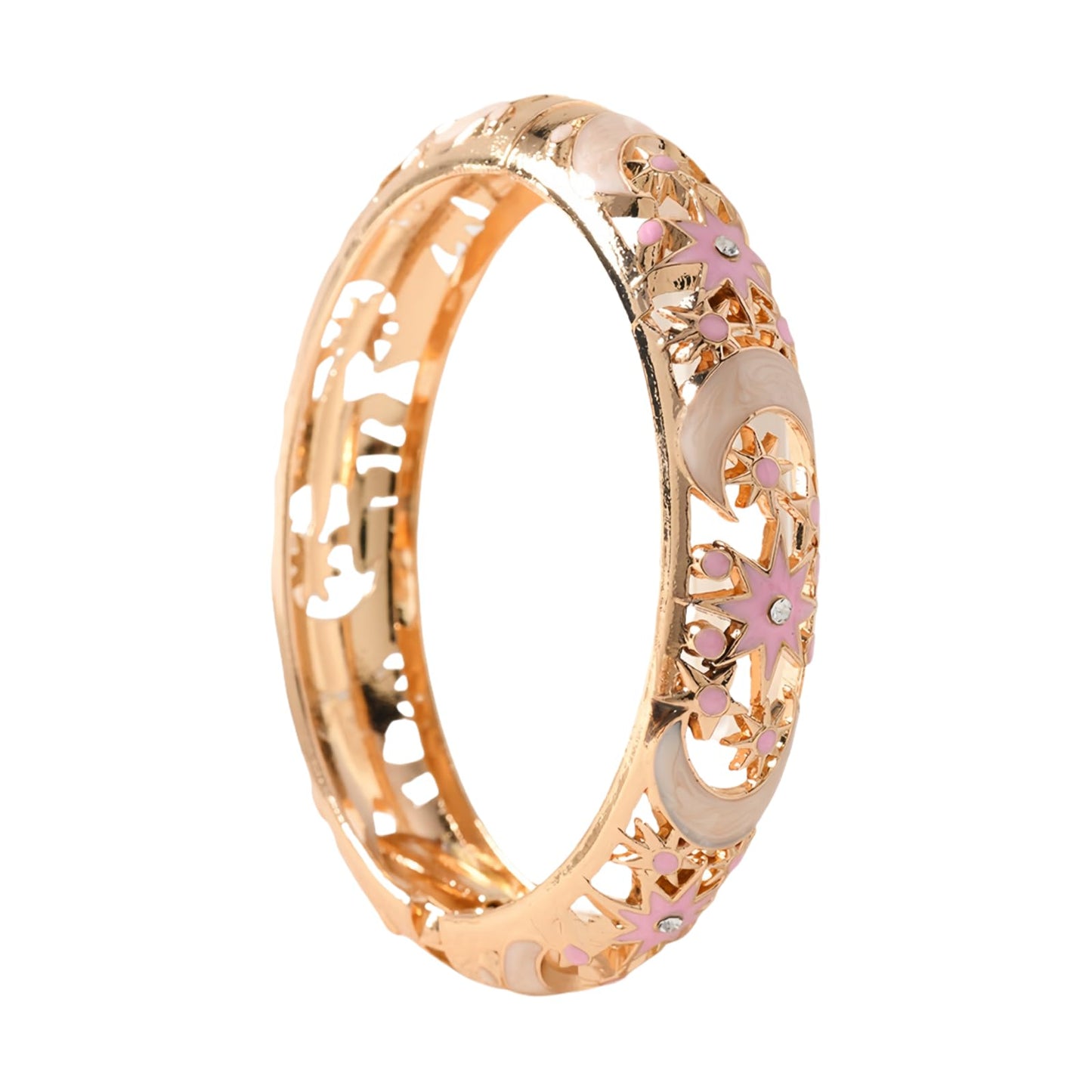 Cloisonne Bracelet For Women, Chunky Bangle Trendy Cute Flower Enamel Bangles Multi Tone Engraved Cuff Gold Plated Bracelets Stackable Wife Jewelry Friendship Gift (Hollow Star Sun Moon Pink, One Size)
