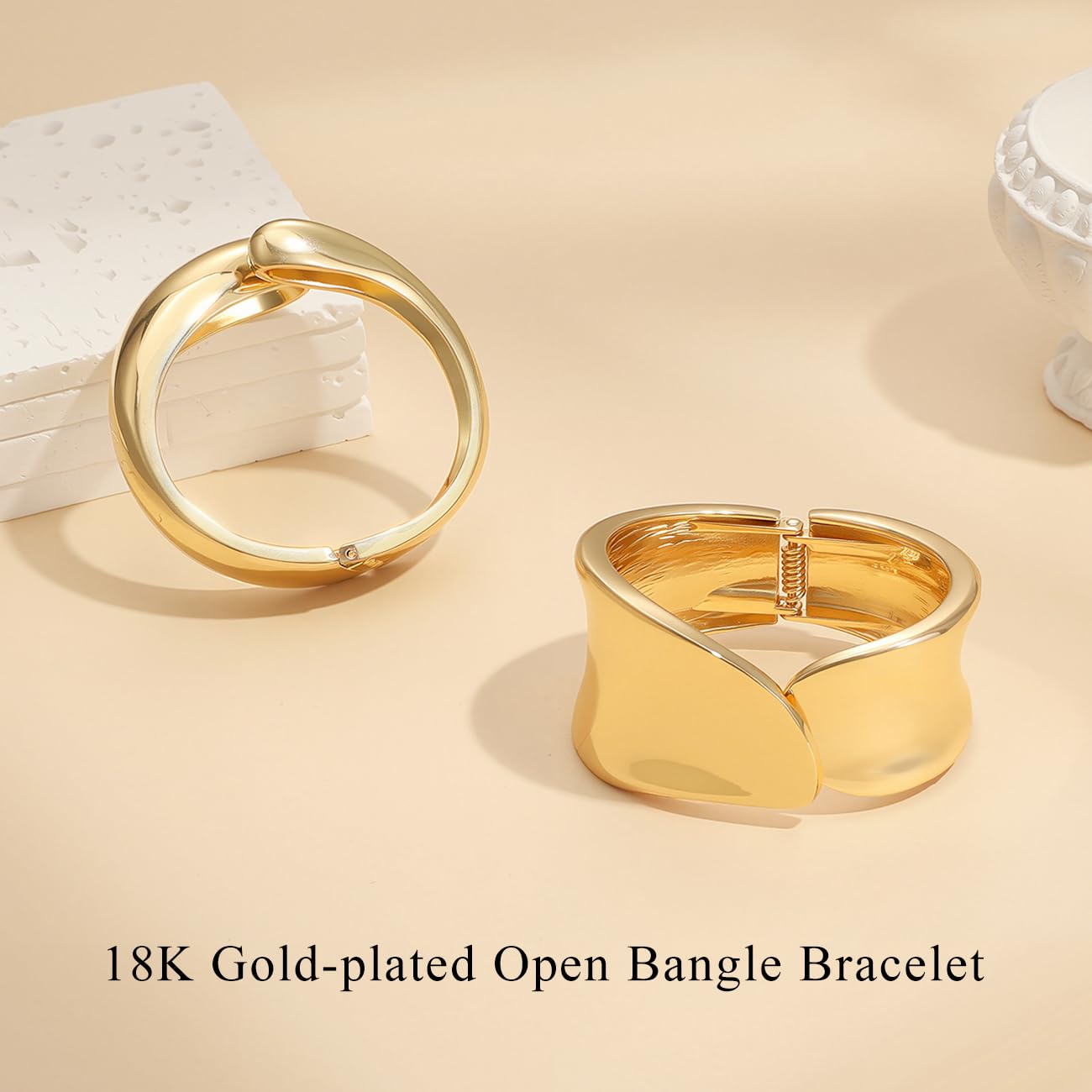 Emibele Wide Cuff Bracelet Stack, 18K Gold-plated Open Bangle Bracelet with Teardrop Design, Hinged Gold Cuff Bracelets for Women, 2 Pack