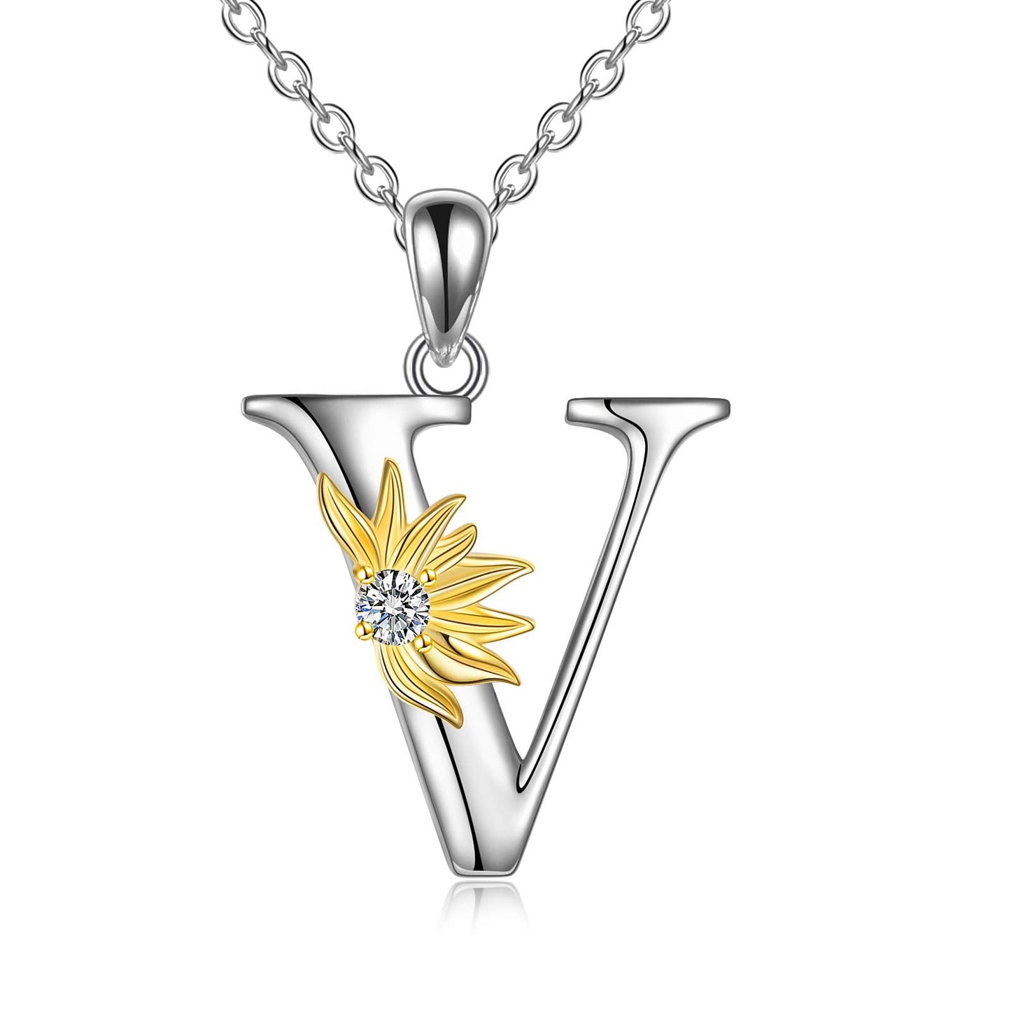 POPLYKE Sterling Silver Initial Alphabet Letter Script Name Pendant Chain Necklace for Women for (Sunflower V)