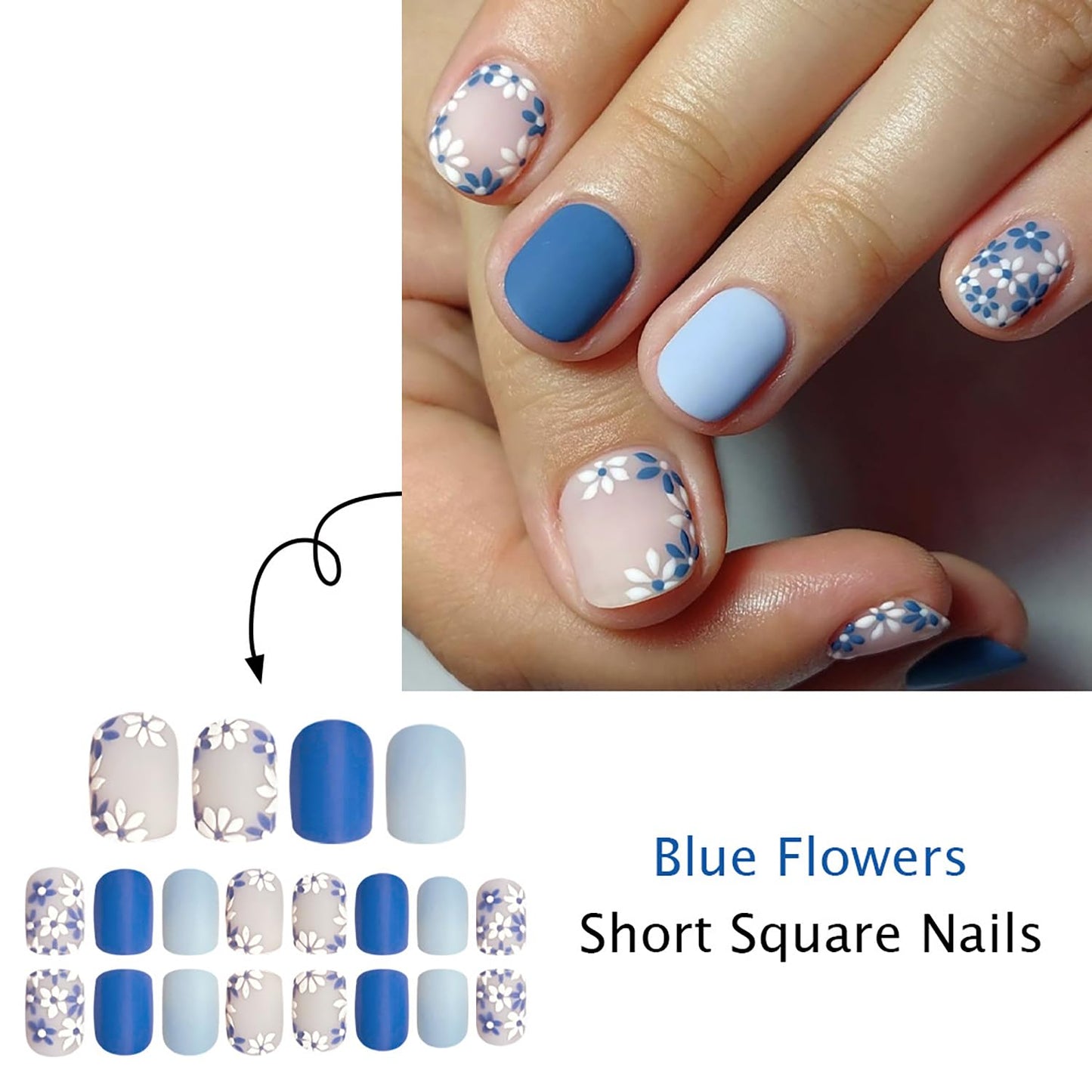 Flower Press on Nails Short Square Fake Nails with Spring White Blue Floral Designs Light Blue Matte Full Cover False Nail Acrylic Flowers Stick on Nail for Women 24Pcs