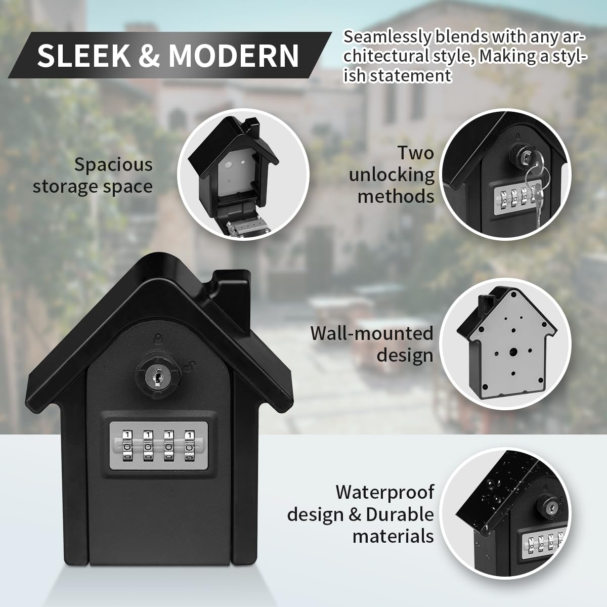Key Lock Box with Combination lock & Key lock, Portable Large Capacity Key Storage Box Wall Mounted, Resettable Code, Waterproof Security Lock Box for Home, Office, Garage, Realtors Black(1 Pack)