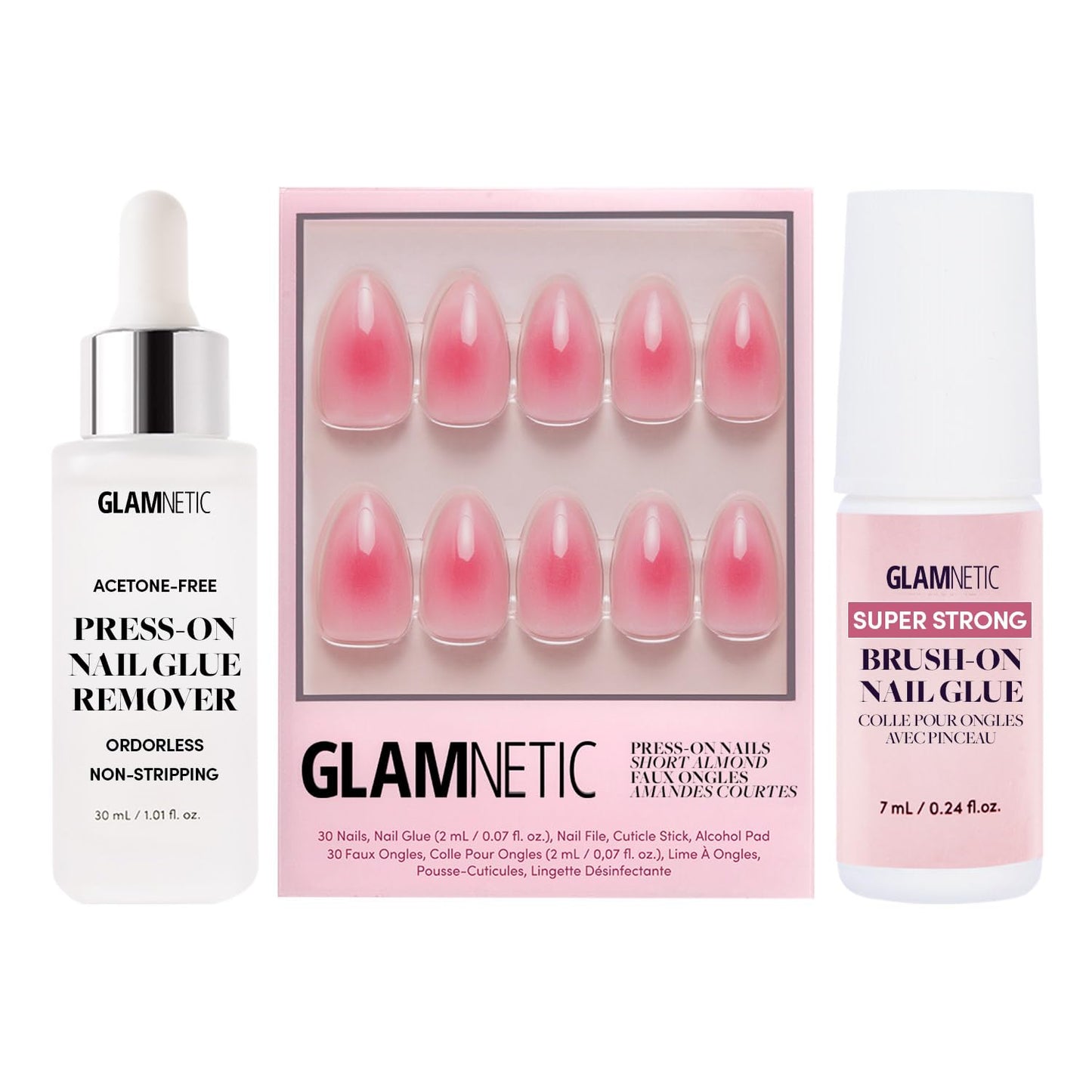 Glamnetic Blushing Aura Press-On Nails - 30 Count Pink Short Almond Nails with Super Strong Brush On Nail Glue & Gentle Remover
