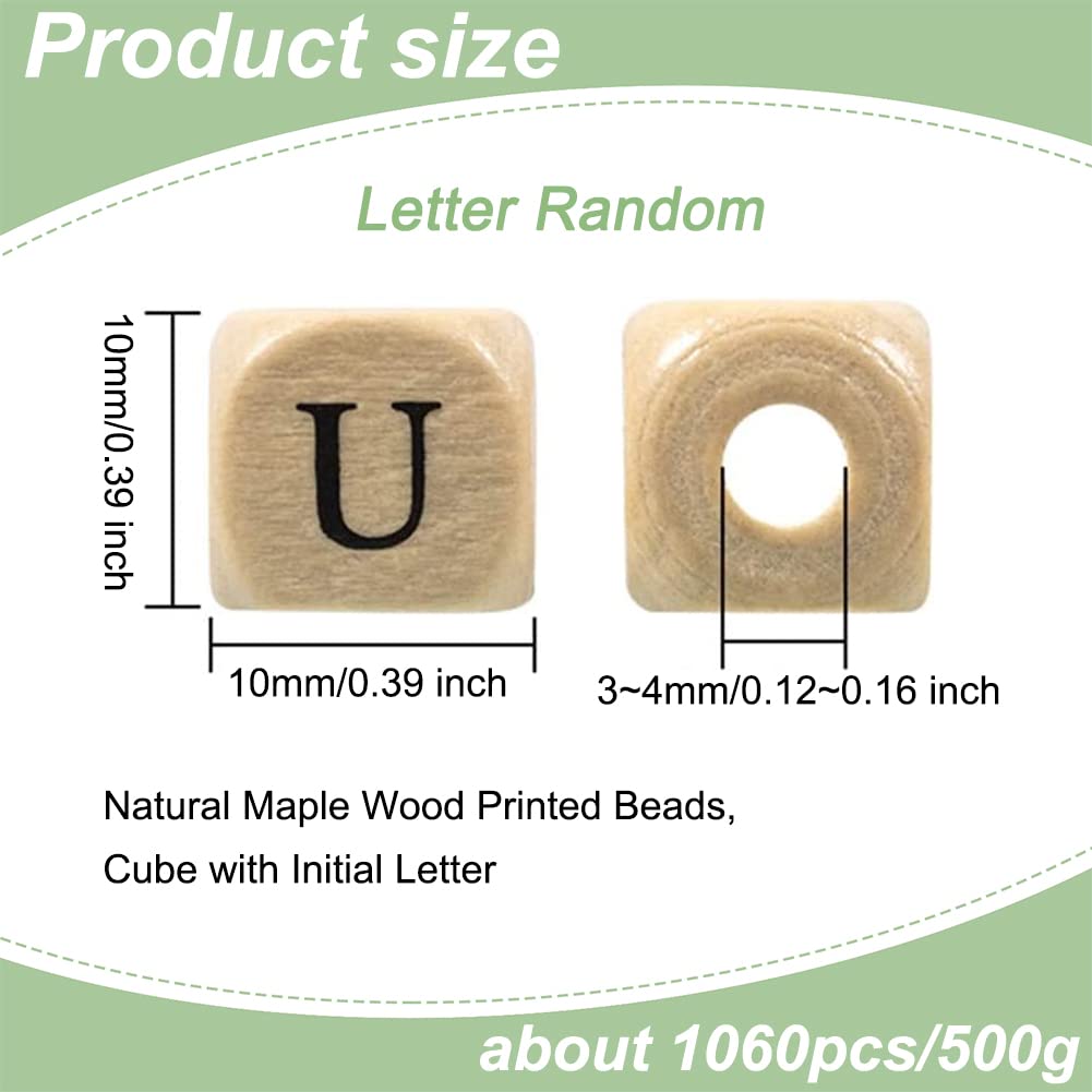 PH PandaHall 1060pcs 10mm Alphabet Wooden Beads Random Natural Square Wooden Beads 3~4mm Hole Wood Loose Bead with Initial Letter Cube Bead for Jewelry Making and DIY Projects
