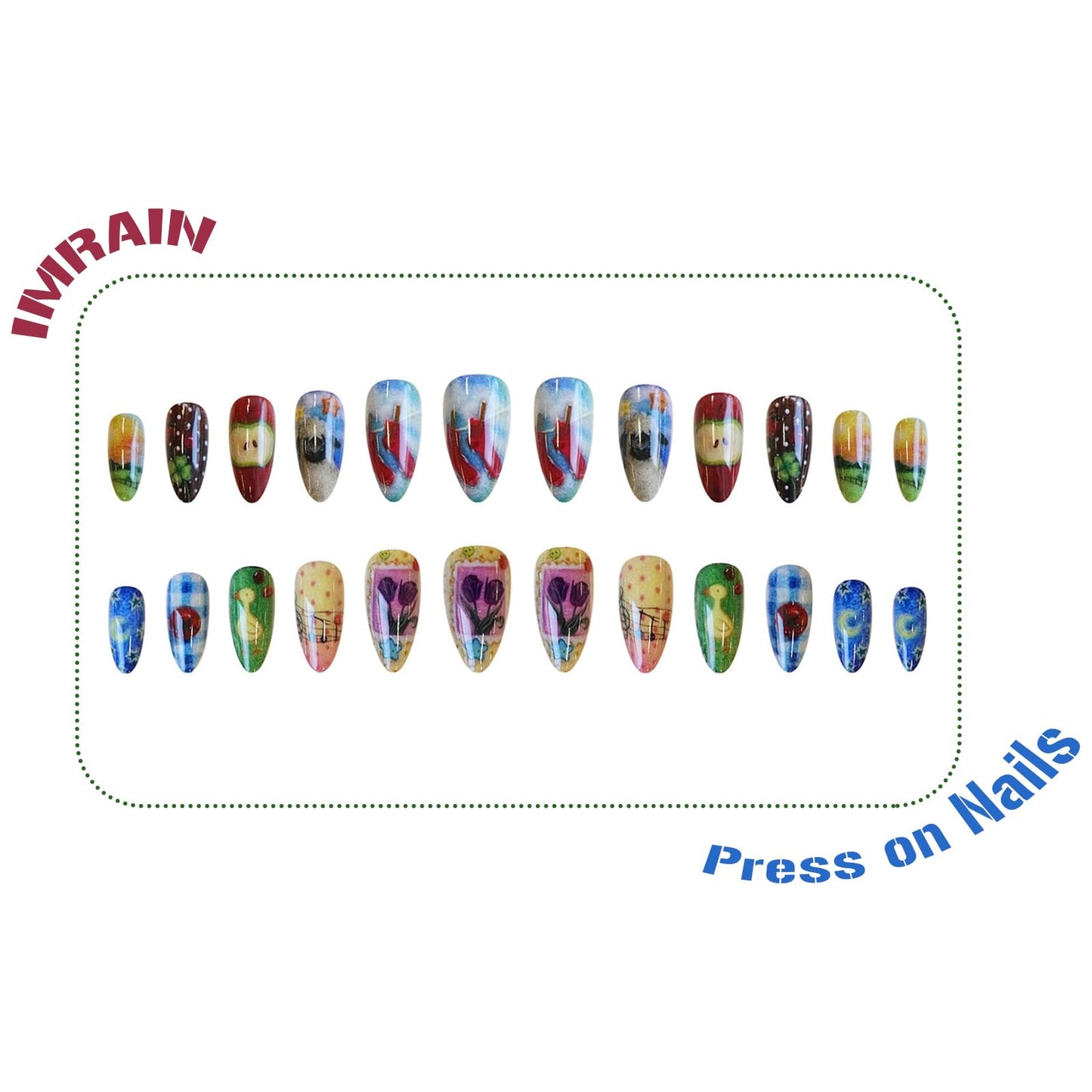 IMRAIN Press on Nails Medium Almond Fake Nails with Cute Pattern Design Blue Red Acrylic False Nails Y2K Summer Full Cover Artificial Stick on Nails for Women Girls 24Pcs