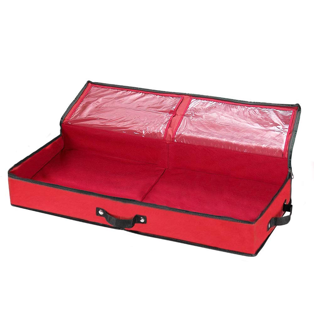 Primode Wrapping Paper Storage Container | Under Bed Gift Wrap Organizer for 30 Inch Rolls | 31”x13.5”x4.5” | 600D Oxford Material | Box Holder with Pockets for Ribbon, Bows, and Accessories (Red)