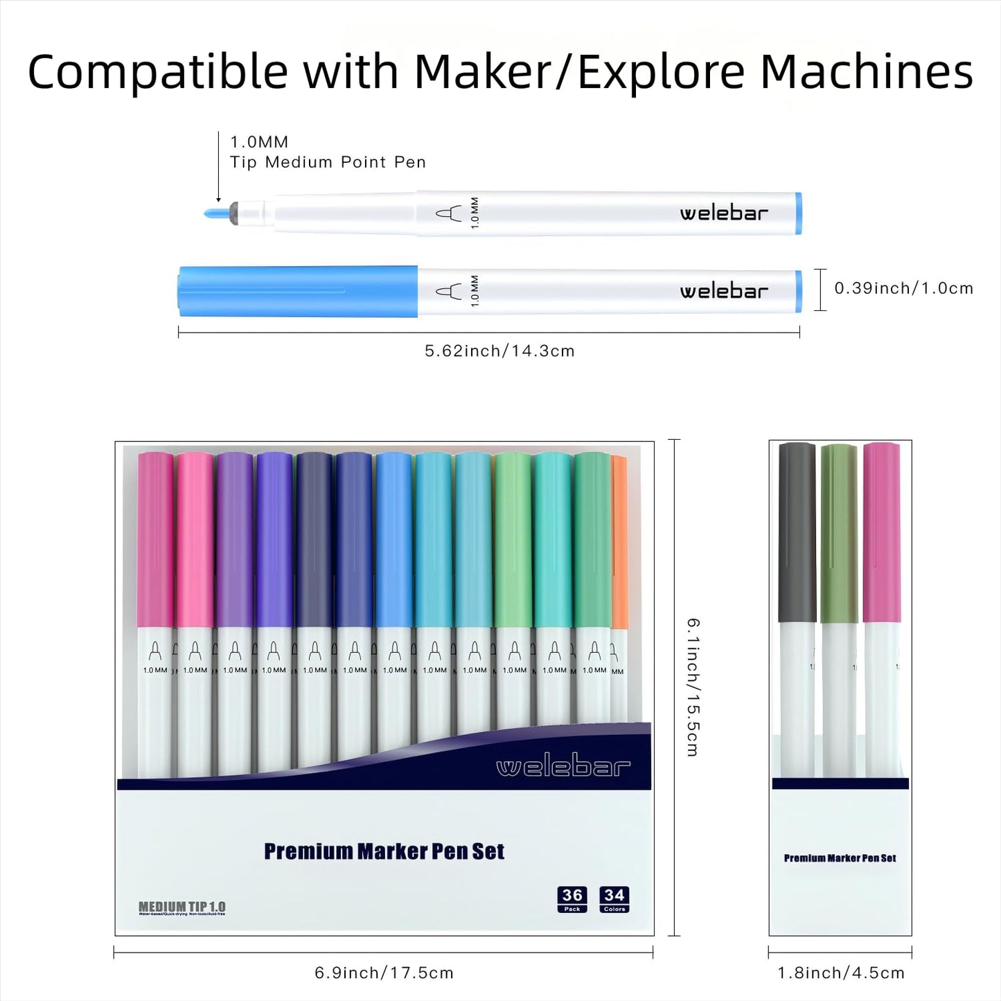 Welebar 1.0 Tip Pen Set Compatible with Cricut Maker 3/Maker 4/Maker/Explore 3/4/Air 2/Air, Premium Marker Pen Set of 36 Pack Medium Point Pens for Writing, Drawing, DIY Crafts