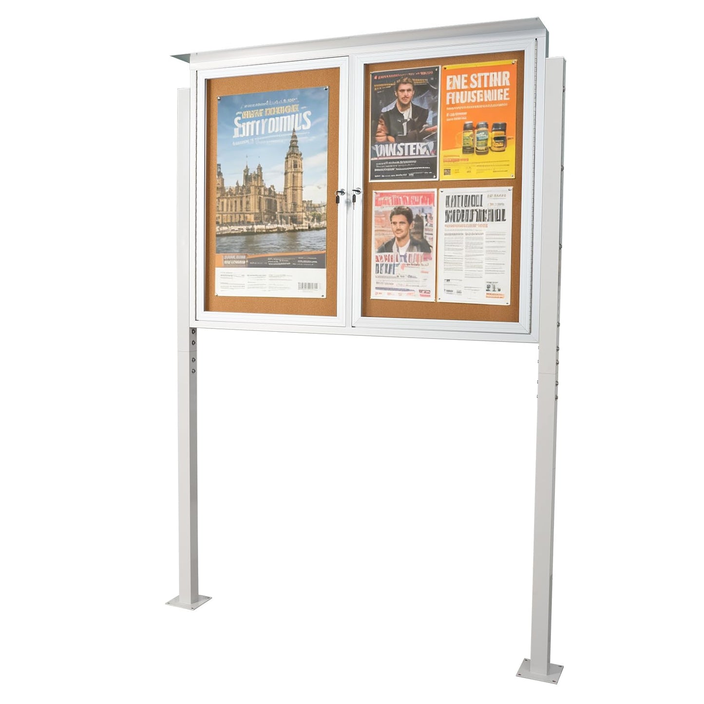 Standing Enclosed Bulletin Board 36”x48” Weather-Resistant Outdoor Noticeboard with Locking Doors，Community Sign with Metal Pole & Silver Aluminum Frame & Cork Presentation Board