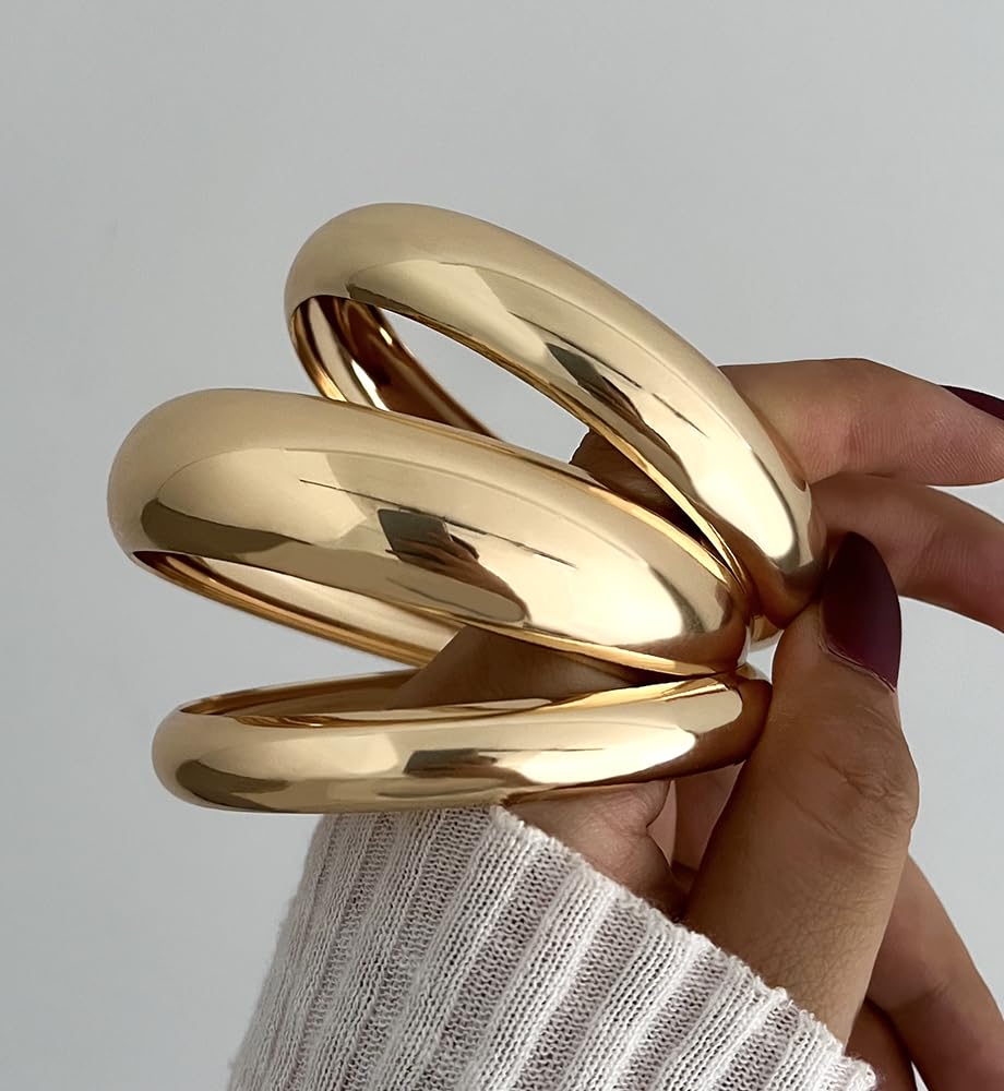 Chunky Gold Bangle Bracelets for Women, Dainty 14k Gold Plated Big Stackable Bangles Set, Trendy Statement Cuff Bracelet Stack Fashion Jewelry Gifts (3 Thick gold bangles)