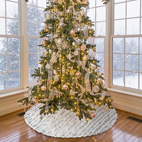 Xmas Tree Skirt White Bronzing Luxury Faux Fur Tree Skirt (Silver, 36in)
