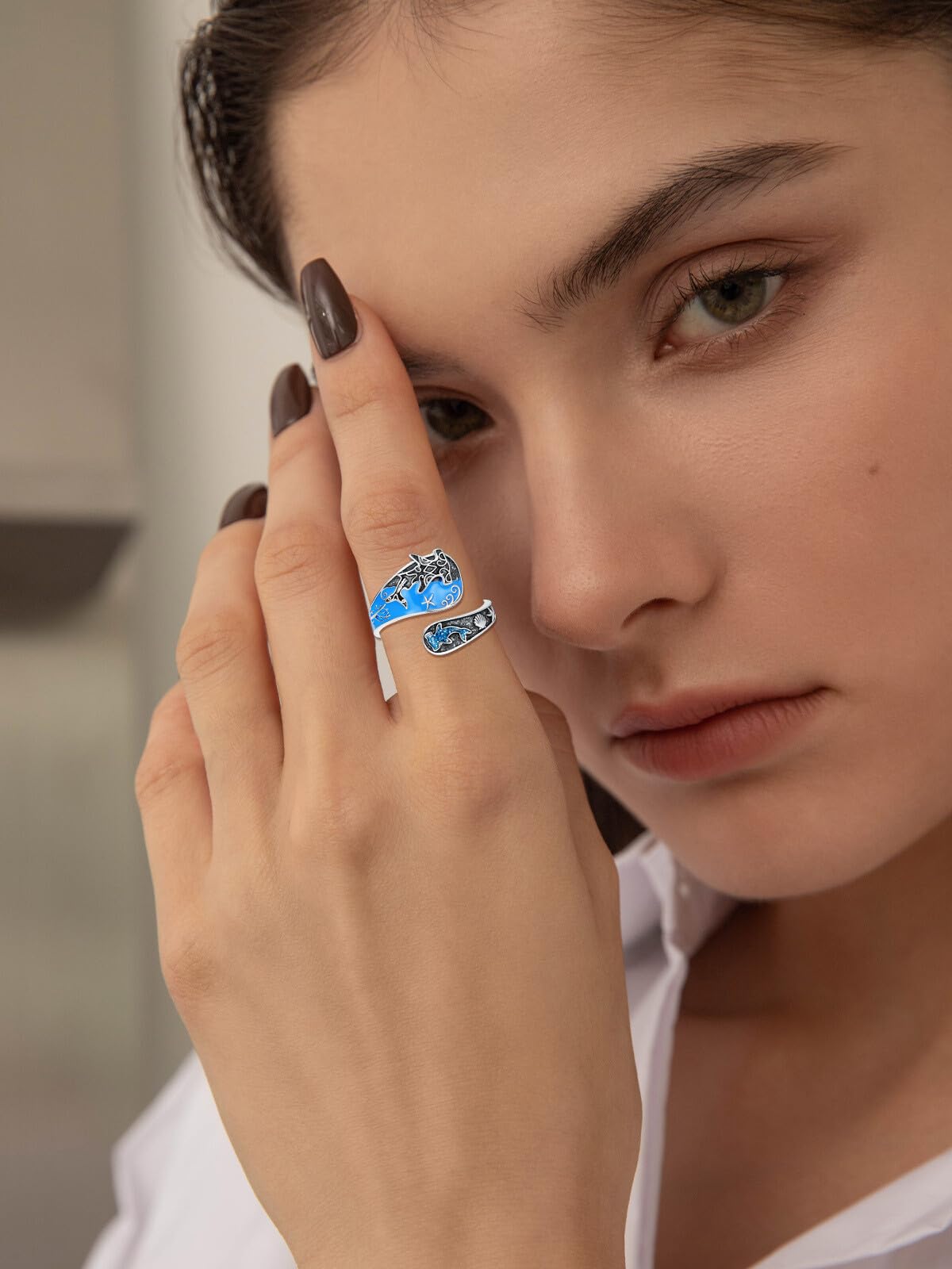 Midari Shark Spoon Rings for Women 925 Sterling Silver Adjustable Hammerhead Shark Ring Adjustable Spoon Rings Ocean Jewelry Gift for Women Wave Shark Lovers