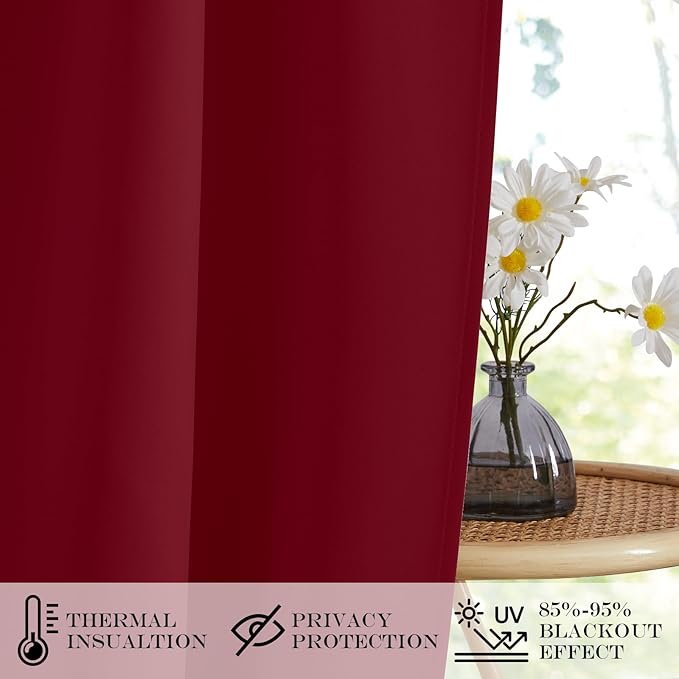 NICETOWN French Door Curtains, Rod Pocket Thermal Blackout Curtain with Glass Window, Kitchen Patio Doors for Privacy Christmas, 25 X 50 Inches Long, 1 Panel with Tieback, Burgundy Red