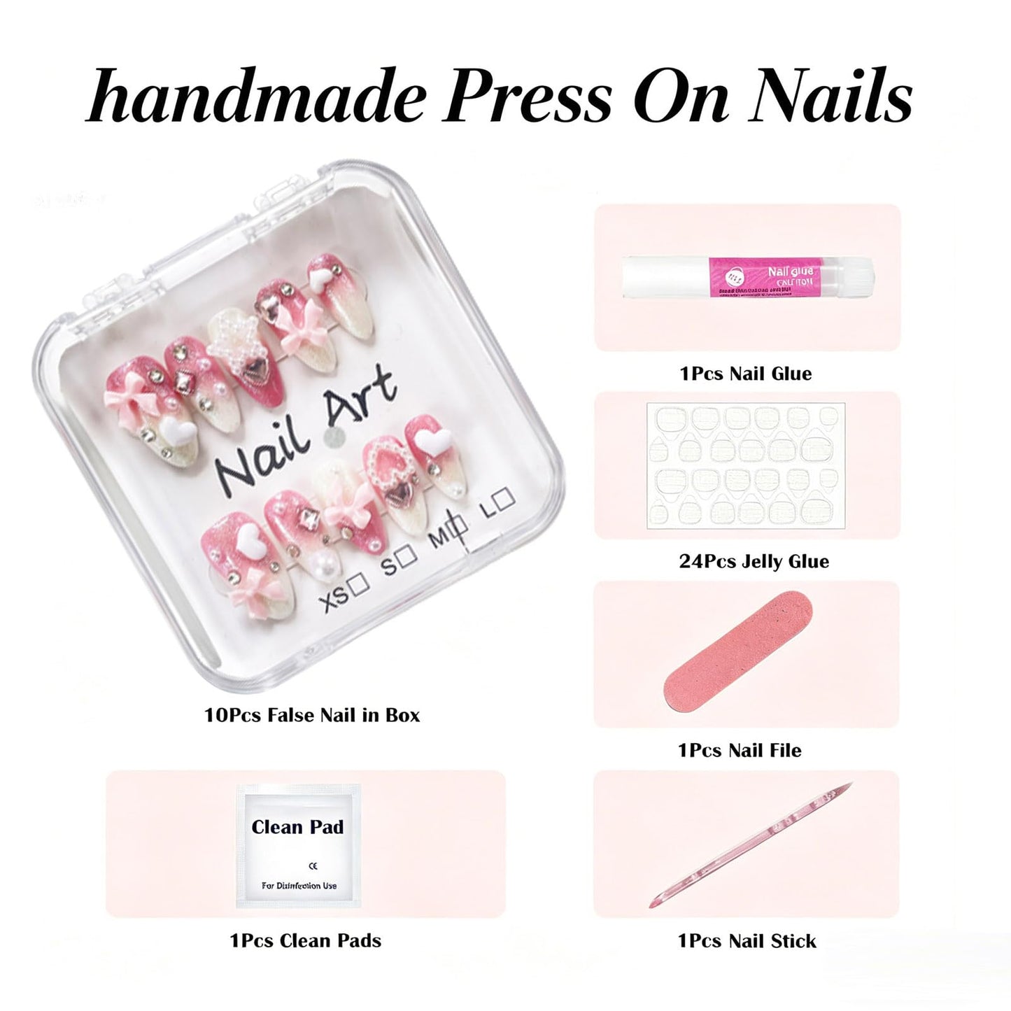 Hand made Press on Nails Medium Almond,Gradient Pink Fake Nails with Bow Art Design Reusable Nails for Women 10 Pcs(Size M)