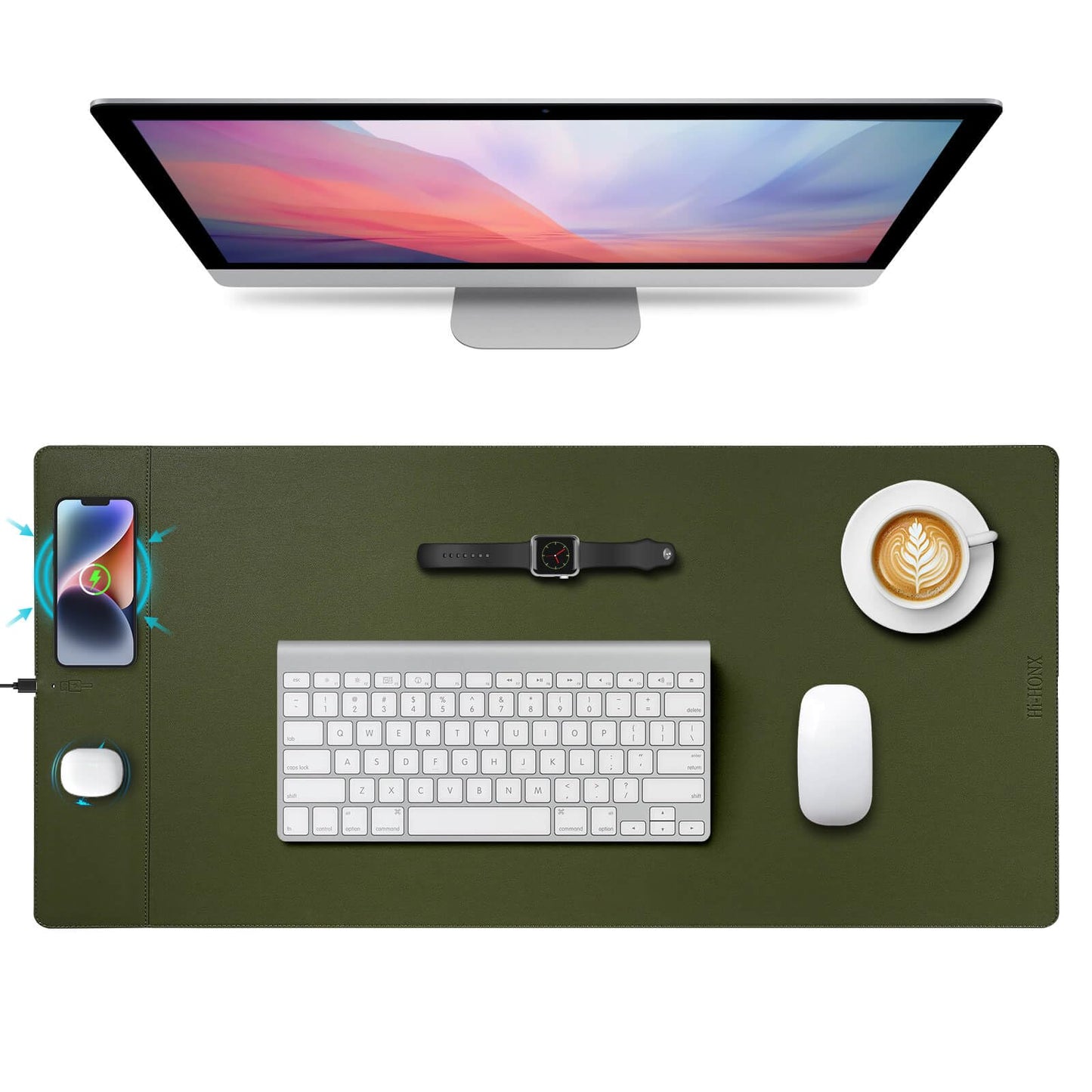 Hi-HONX Wireless Charging Mouse Pad, 15W Fast Charge Magnetic Charger Desk Pad, Large Office Desk Mat (35.4"x16.9") with Ultra-Smooth Surface, Military Green Computer Mousepad for MacBook, PC, Laptop