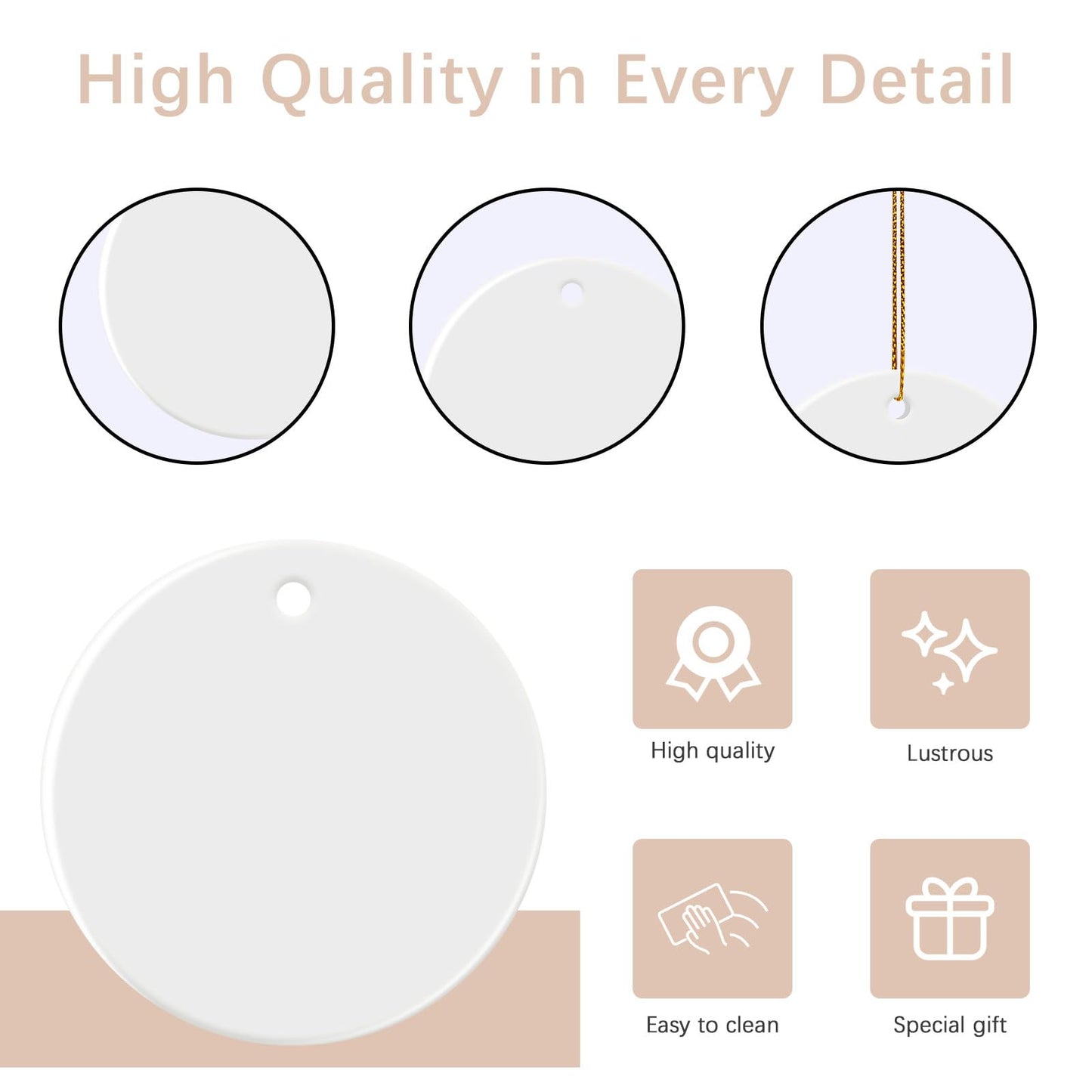 25 PCS Sublimation Ceramic Ornament Blank 3 inch White Round Christmas Ceramic Decoration Crafting DIY Personalized Home Decor Bulk Two-Sided Printed