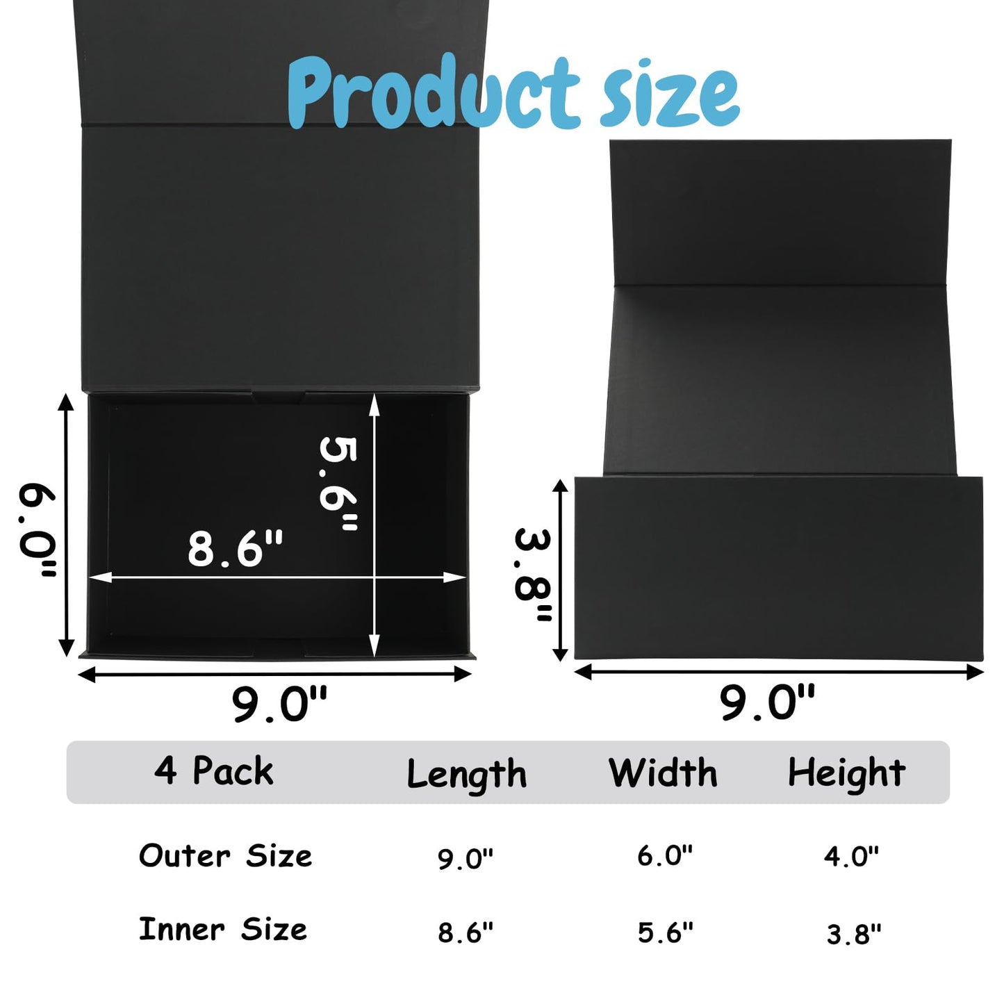 Schliersee 4Packs 9x6x4 Gift Box with Magnetic Lid for Present, Black Gifts Wrap Box for Mother's Day, Birthday, Wedding, Groomsmen Bridesmaid