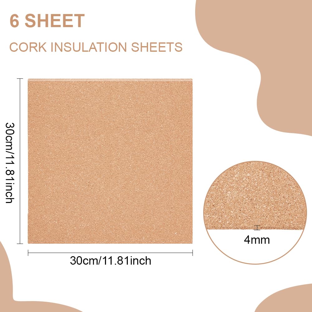 BENECREAT 6PCS Cork Sheet, 12x12inch Square Cork Sheet, Sand Brown Coasters Cork Board for Bulletin Boards, Wall Decorations and DIY Crafts, 4mm Thick