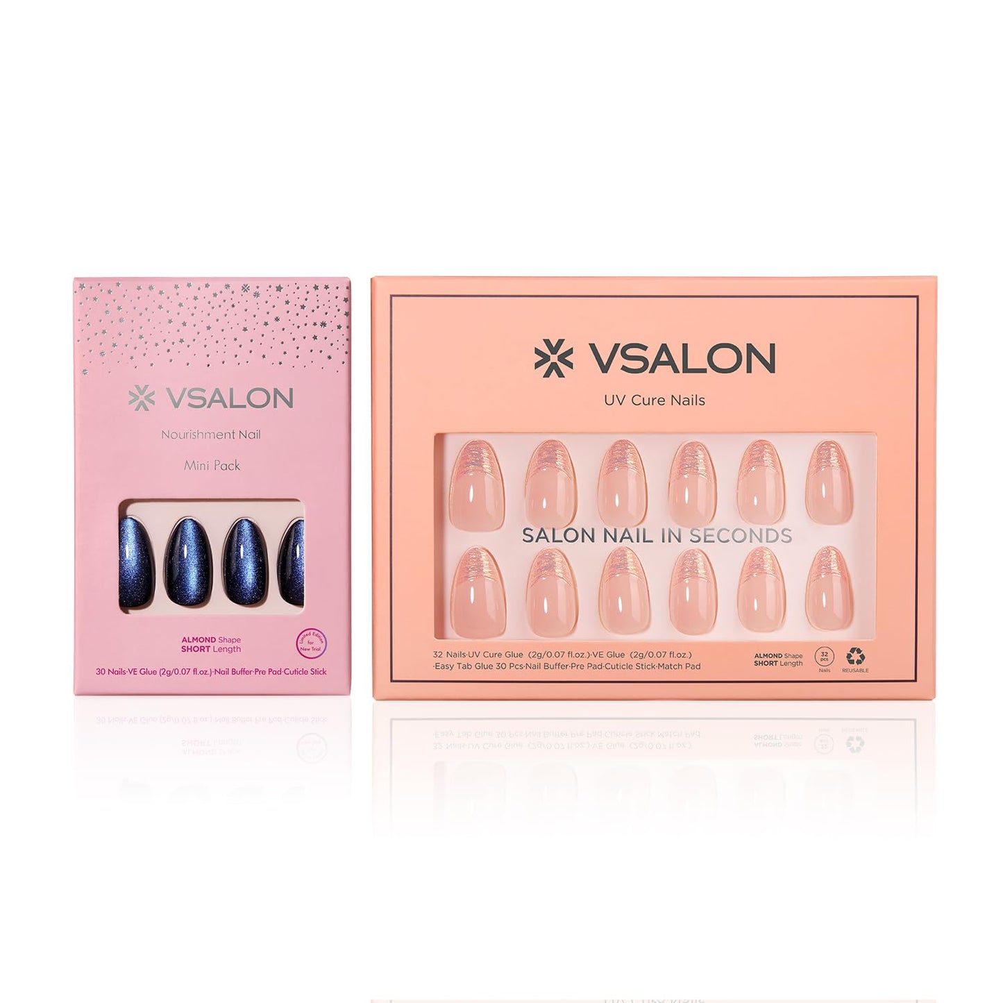 VSALON Almond Short Press On Nails, Light Pink Aurora Finish 3D Sculpted French Tip Nail Kit & Blue Cat Eye Mini Pack