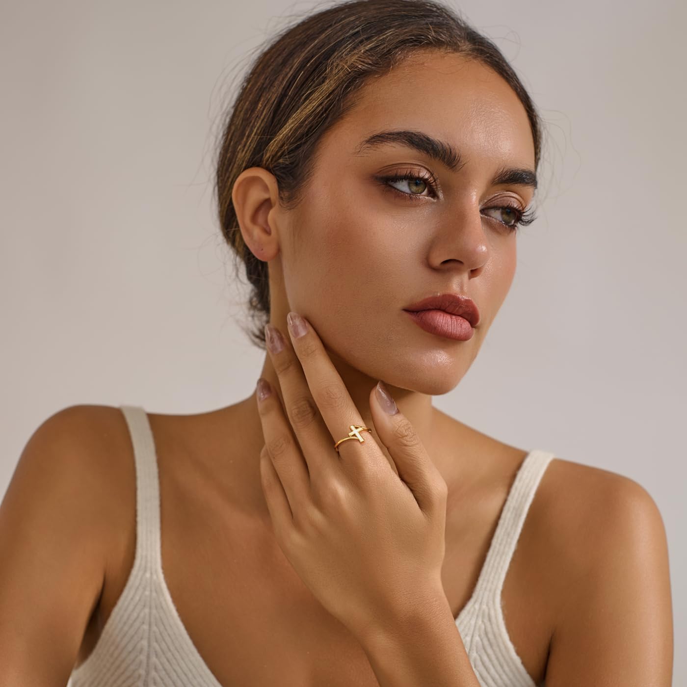 Punhem Gold Cross Statement Rings for Women 14K Gold Silver Tone Non Tarnish Cute Band High Polished Smooth Comfort Fit Size 5-10