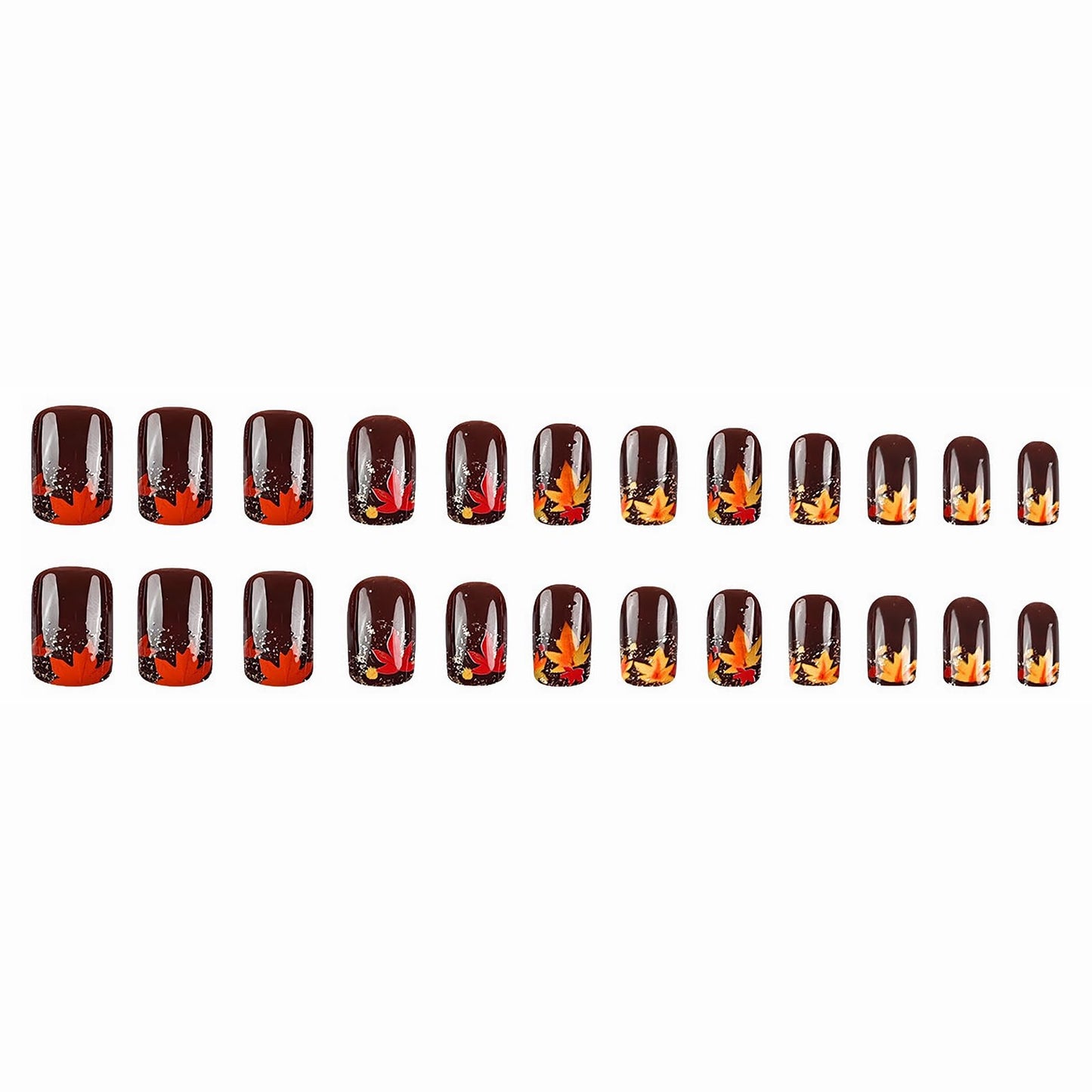 MISUD Press on Nails - Short Square Fake Nails with Fall Brown, Acrylic Autumn Maple Leaf Design 24 pcs