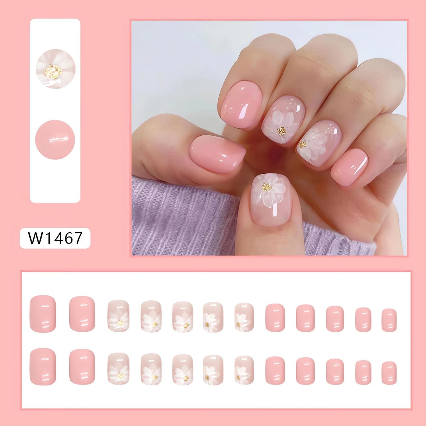 Flower Press On Nails - Glossy Pink Nails with White Flowers Designs - Cute Short Acrylic Nail Kit - 24Pcs