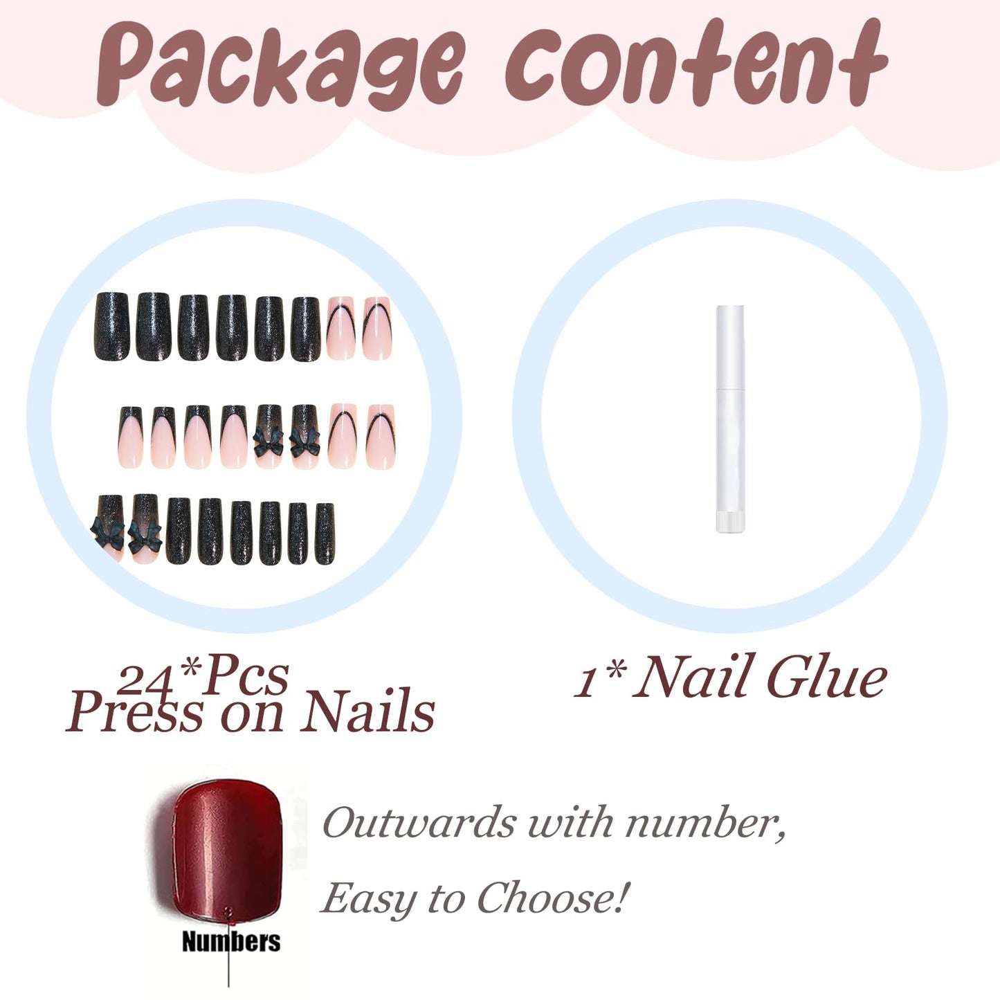 BABALAL Press On Nails, Long Square Fake Nails, Black French Tip, Bow Charm & Glitter Design, Gothic Trendy Glossy Full Cover Glue On Nails For Women And Girl 24Pcs