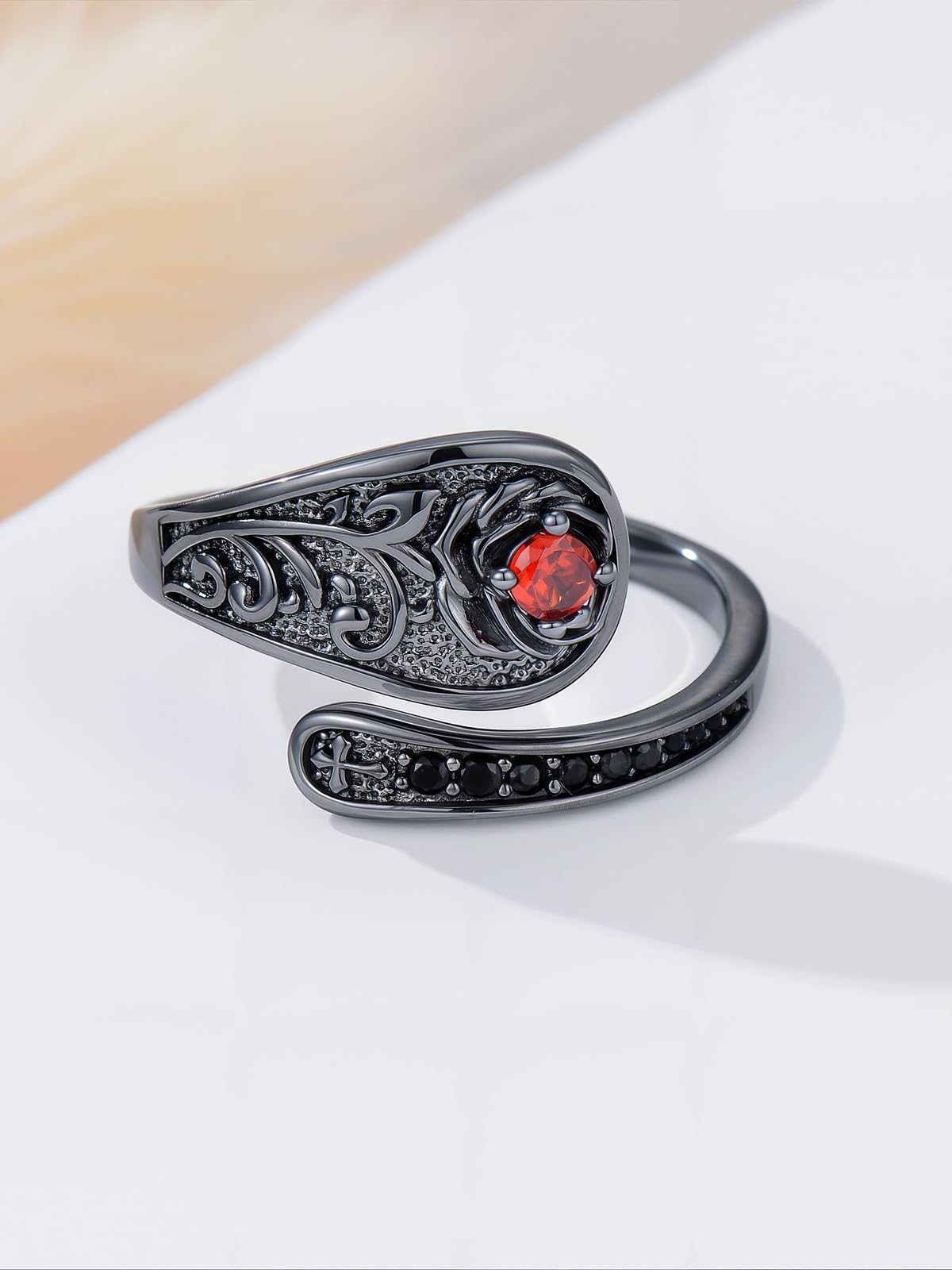 Midari Black Rose Cross Spoon Rings for Women 925 Sterling Silver Adjustable Cross Gothic Thumb Open Ring Gothic Ruby Jewelry Halloween Gifts for Women