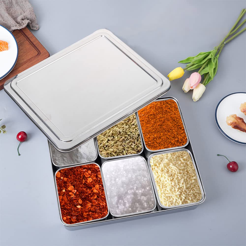 Stainless Steel Seasoning Box with Lid and Holder Tray, 6 Compartments Rectangle Masala Dabba Spice Container, Indian Masala Box Organizer Set for Kitchen Condiment Storage (6 Compartments)