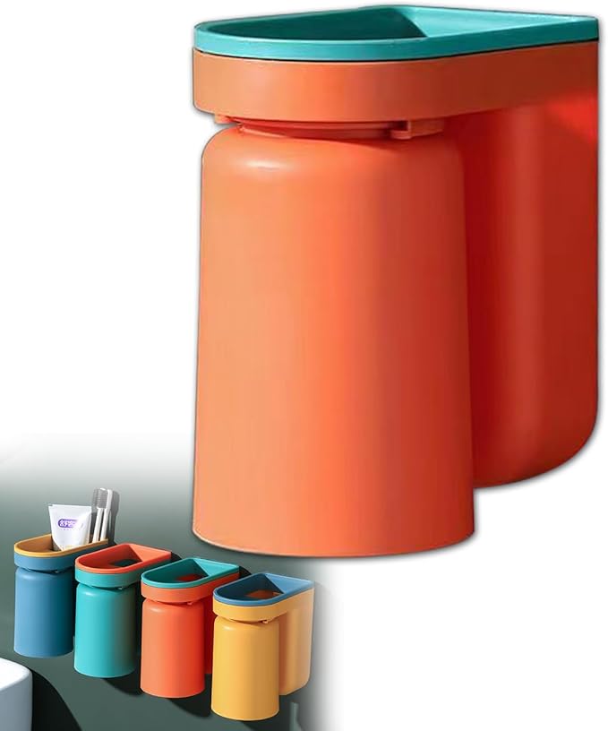 Toothbrush Holder Wall Mounted with Cup,2-in-1 Toothbrush Holders & Cups Set,Inverted Design for Easy Cleaning and draining,Stick-on Toothbrush Holder for Bathroom (Orange)