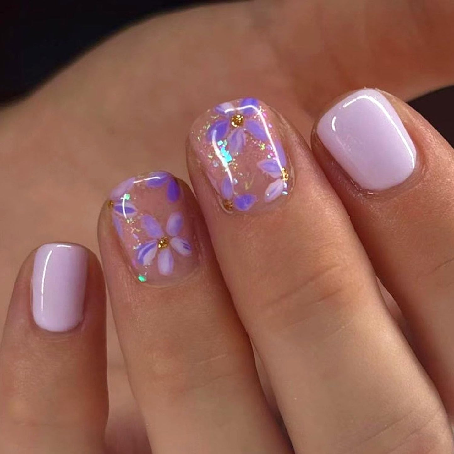Light Purple Press on Nails Short Fake Nails with Flowers Designs Square Acrylic Nails Cute Full Cover Nails Press ons Gold Glitter & Reusable Stick on Nails for Women 24 Pcs