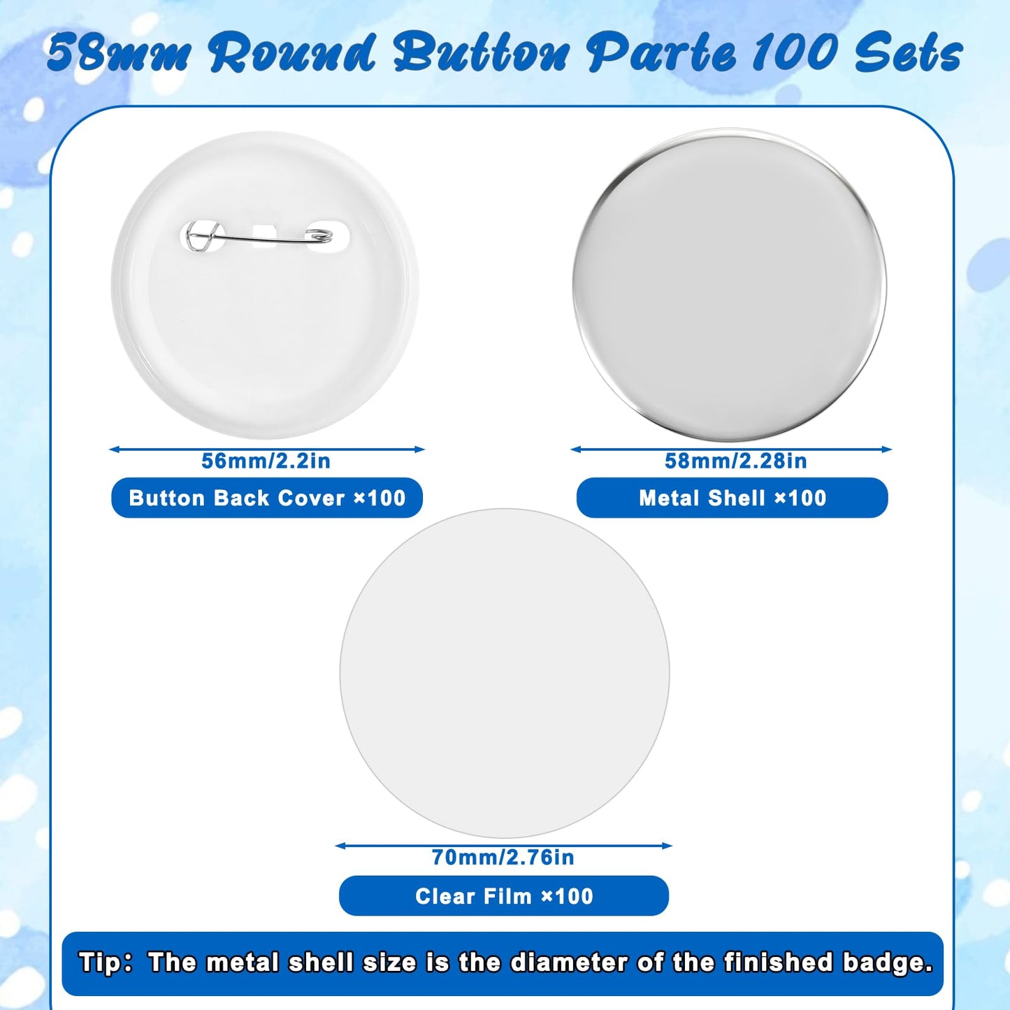100 Sets 2.25 Inch Button Making Supplies 58mm Blank Badge Parts for Button Maker Machine Round Badge Buttons Pins Press Refills Includes Metal Cover Clear Film Plastic Base