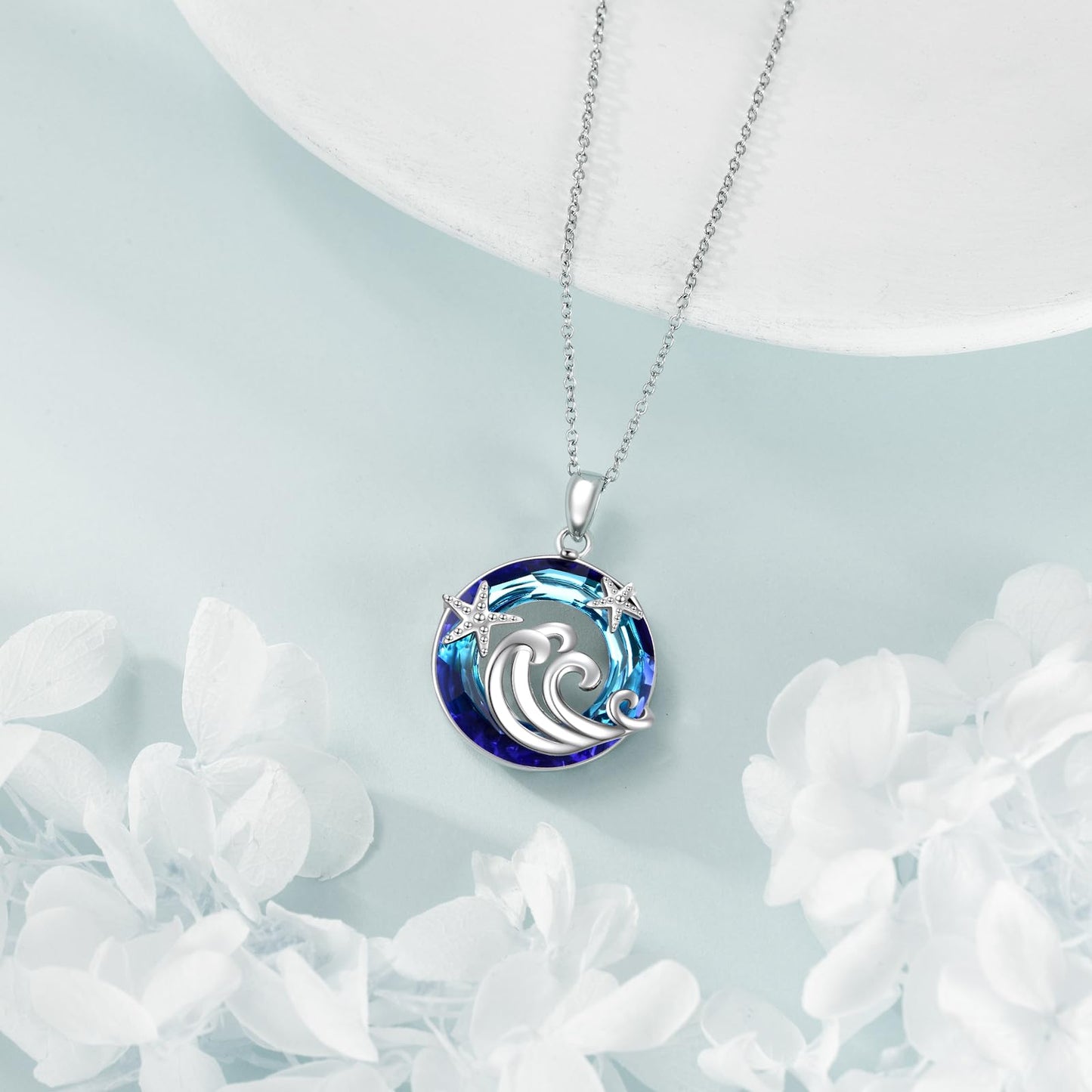 CRMAD Ocean Beach Necklace for Women Sterling Silver Starfish Wave Ocean Jewelry Gifts (crystal)