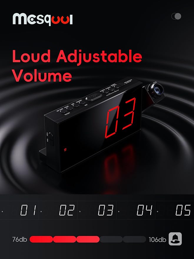 Mesqool Projection Alarm Clock with Loud Bed Shaker, Dual Alarms | 5-level Dimmer, USB charger, Snooze & DST, Loud Vibrating Alarm with Battery Backup, Perfect for Heavy Sleepers
