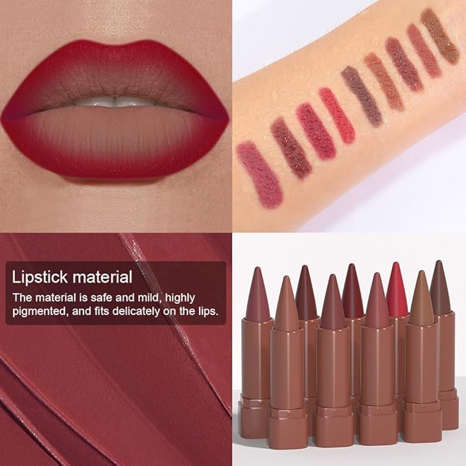 evpct Plum Red Gradient Matte Lipstick Lip Liner Crayon Combo Pencil Set for Women Long Lasting Waterproof, Rich Plum Matte Cream Lip Liner and Lipstick Combo Makeup Flawless Gradual Ombre Effect, A07