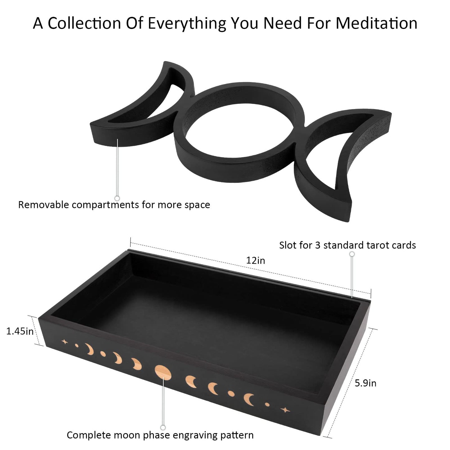 Mooncraftlogy Crystal Tray for Stones, Triple Moon Gemstone Holder Box, 3 Tarot Card Stand for Affirmation Cards, Wicca Display, Detachable Rocks, Essential Oil Organizer, Witch Altar Gift (Black)