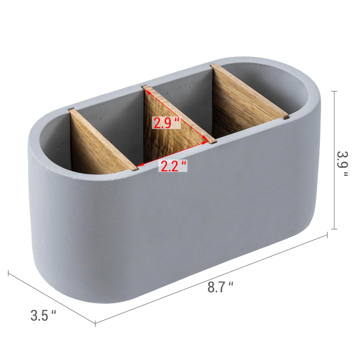 MyGift Pen Holder & Pencil Cup Modern Oval Gray Cement Desktop Office Stationery Organizer with Removable Acacia Wood Dividers