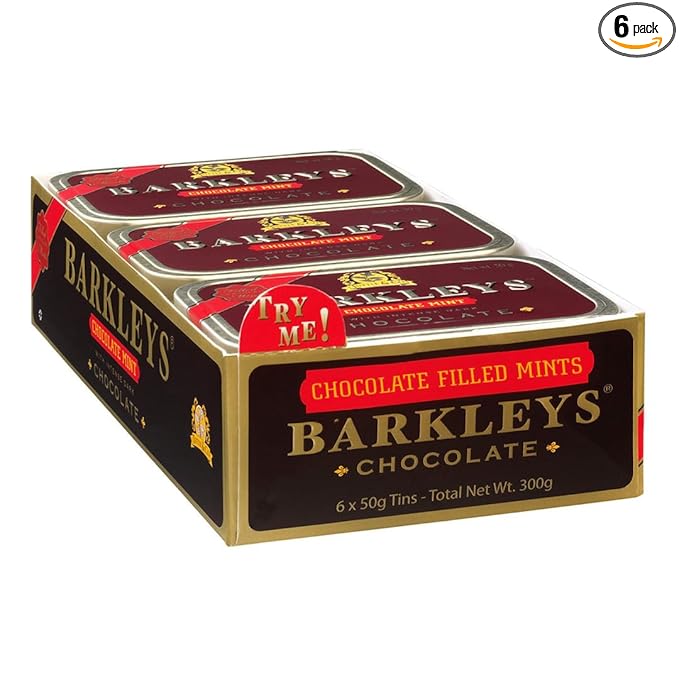 Barkleys Chocolate Breath Mints -Strong Peppermint Flavor- Chocolate Candy, Breath Freshener, After Dinner Mints In Reusable Classic Travel Tins - Vegan, 6 Pack - 50 Count Each