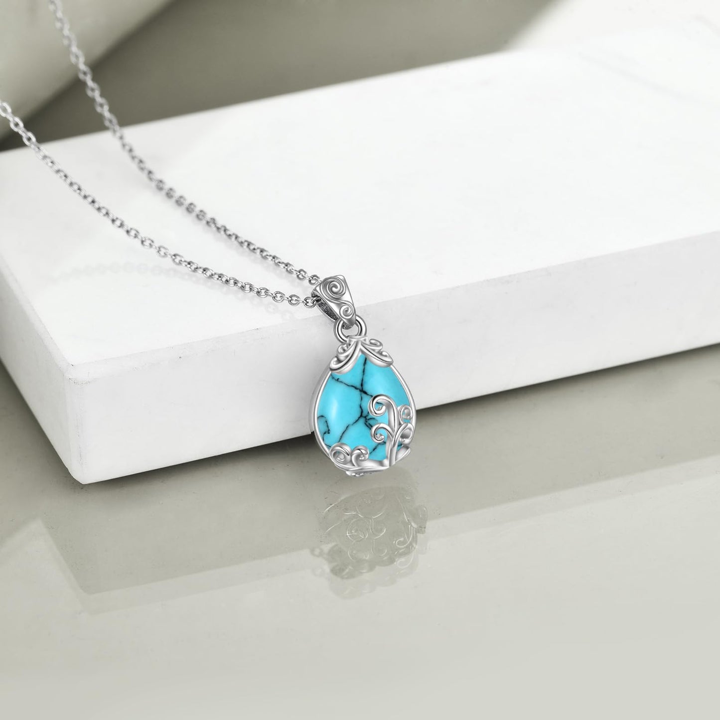 POPLYKE Sterling Silver Turquoise Filigree Teardrop Pendant Necklace Gemstone Crystal Jewelry for Women