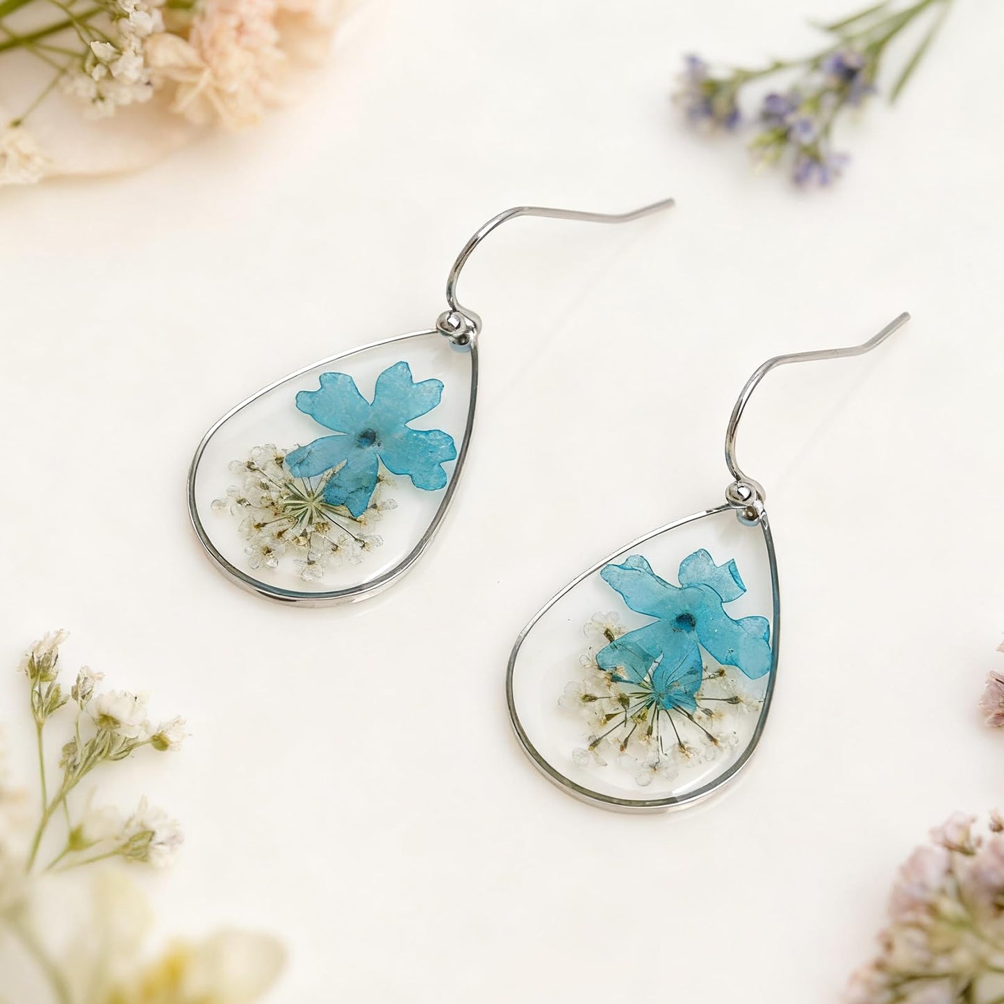 Jean Beau Handmade Pressed Flower Earrings for Women, Unique Blue Turquoise Dried Flowers Sterling Silver Teardrop Dangle Drop Nature Floral Earings Summer Jewelry Gift