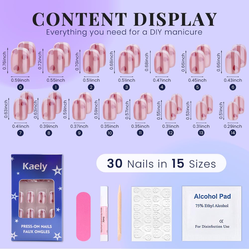 evpct French Tip Press On Nails Short Square, Pink + White Tips & Heart, Chrome Glazed Glossy Short Square Fake False Press on Nails, Reusable Gel Stick on nail Press ons with Nail Kit Salon Quality