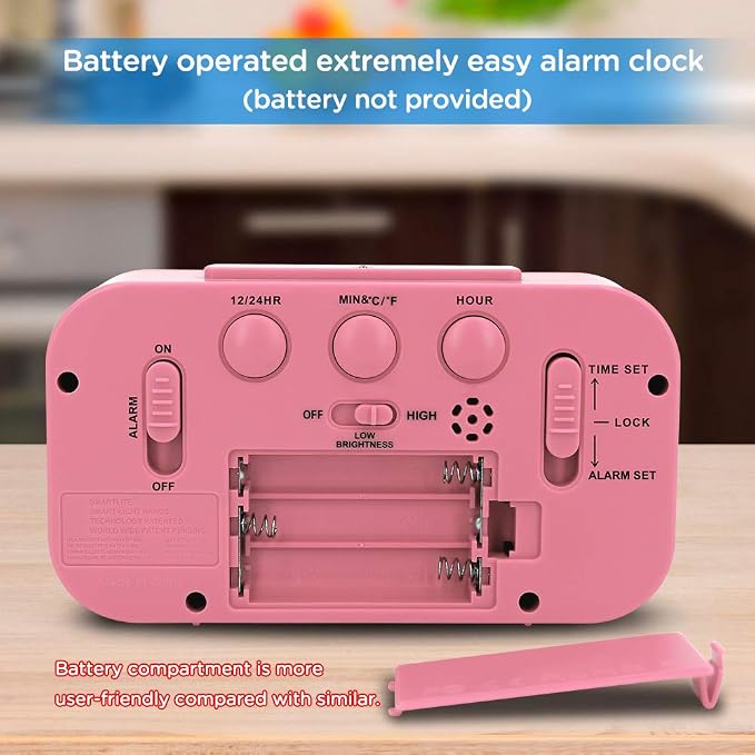 Peakeep Night Light Digital Alarm Clock Battery Operated Indoor Temperature | Small Cordless Cute Clock for Bedroom Desk Travel, Simple to Use for Teens Kids (Pink)